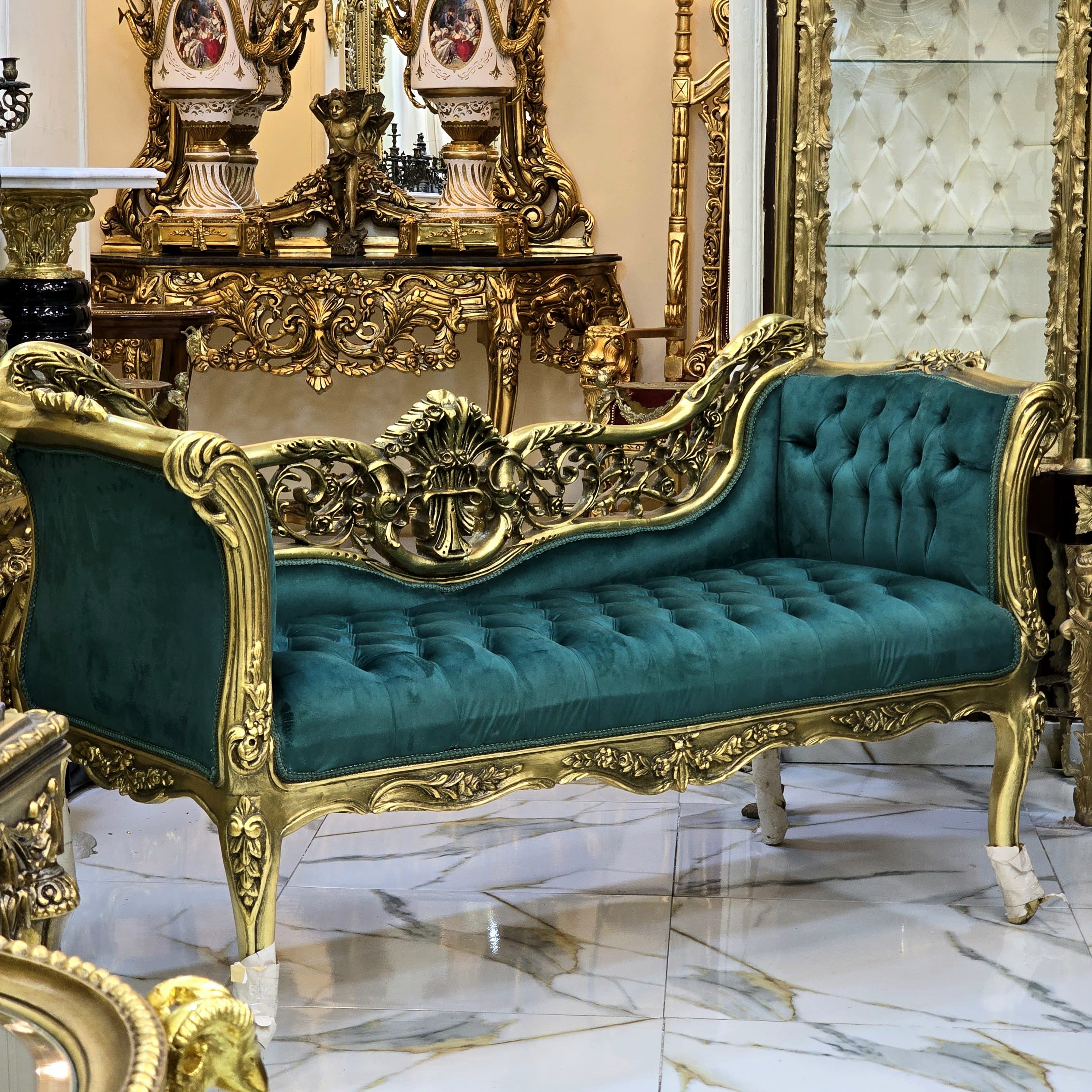Vintage French Baroque Style Settee – Green Velvet Tufted Sofa with Gold Leaf Frame