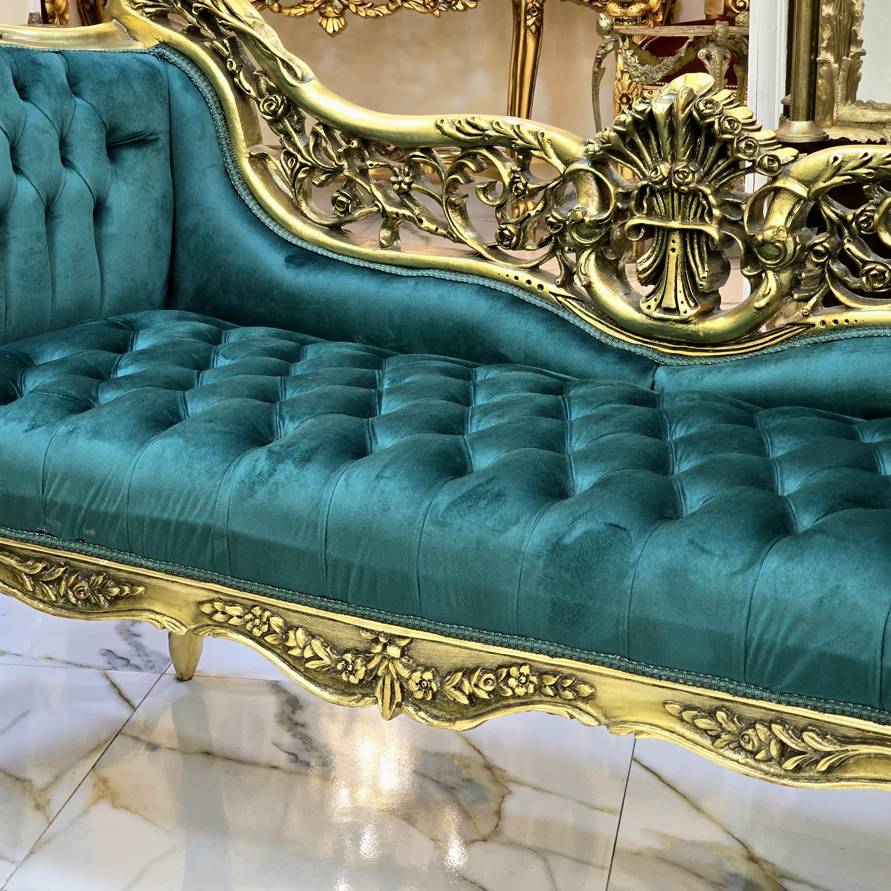 Vintage French Baroque Style Settee – Green Velvet Tufted Sofa with Gold Leaf Frame