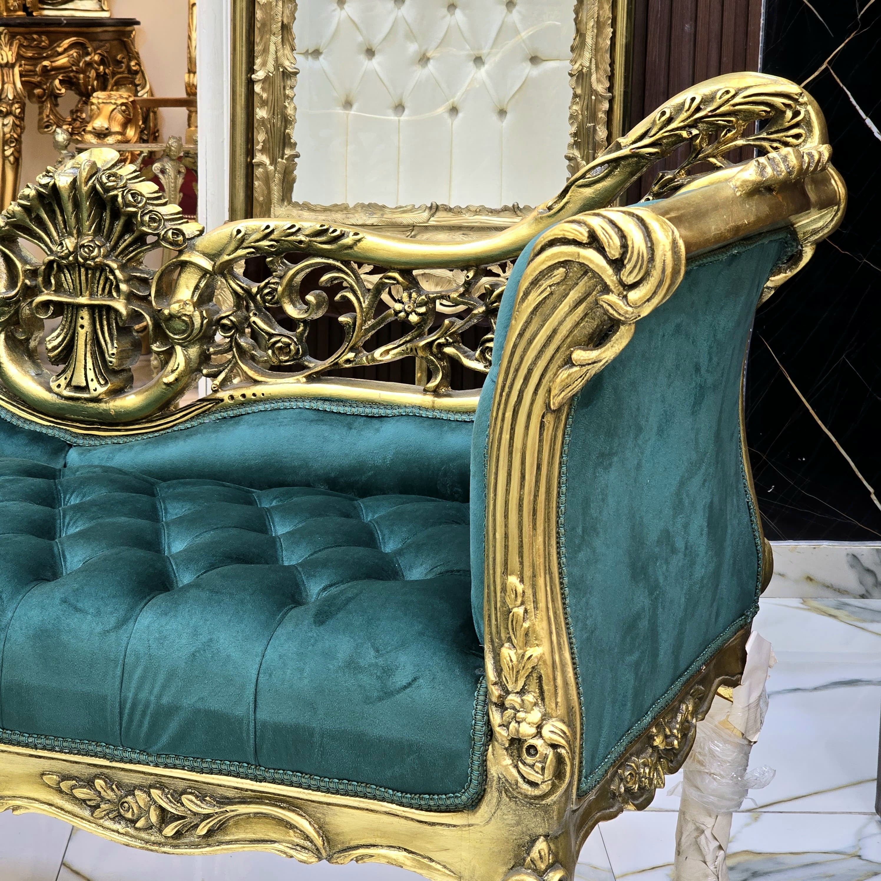 Vintage French Baroque Style Settee – Green Velvet Tufted Sofa with Gold Leaf Frame