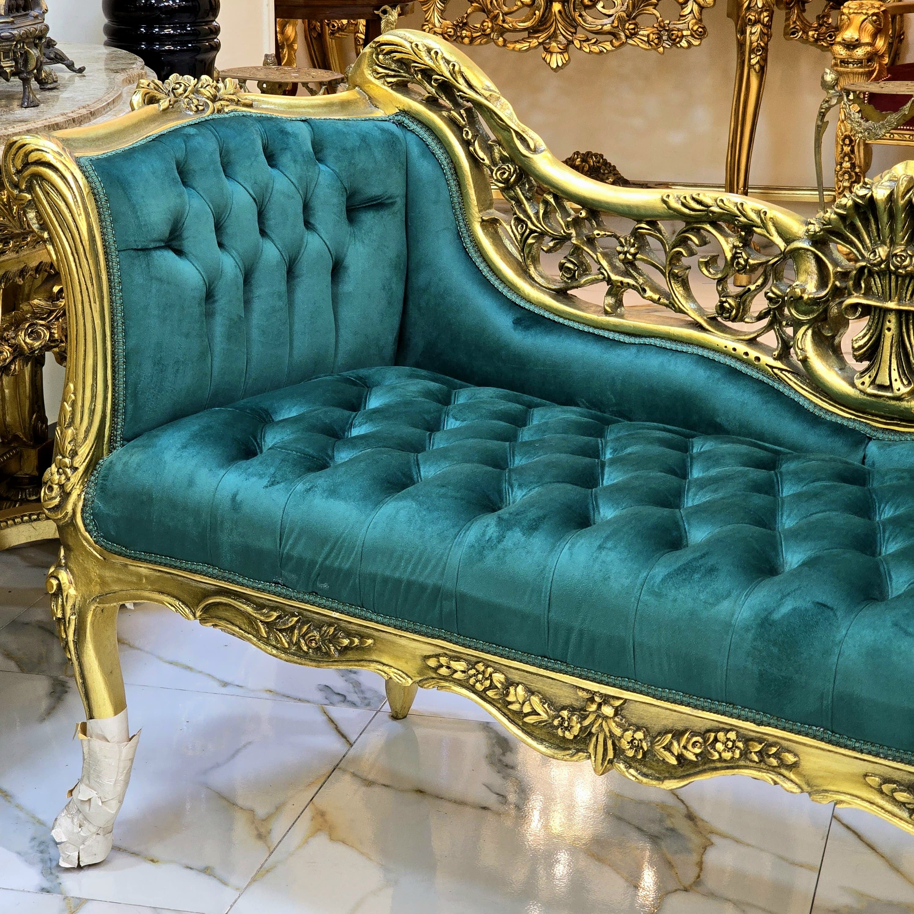 Vintage French Baroque Style Settee – Green Velvet Tufted Sofa with Gold Leaf Frame