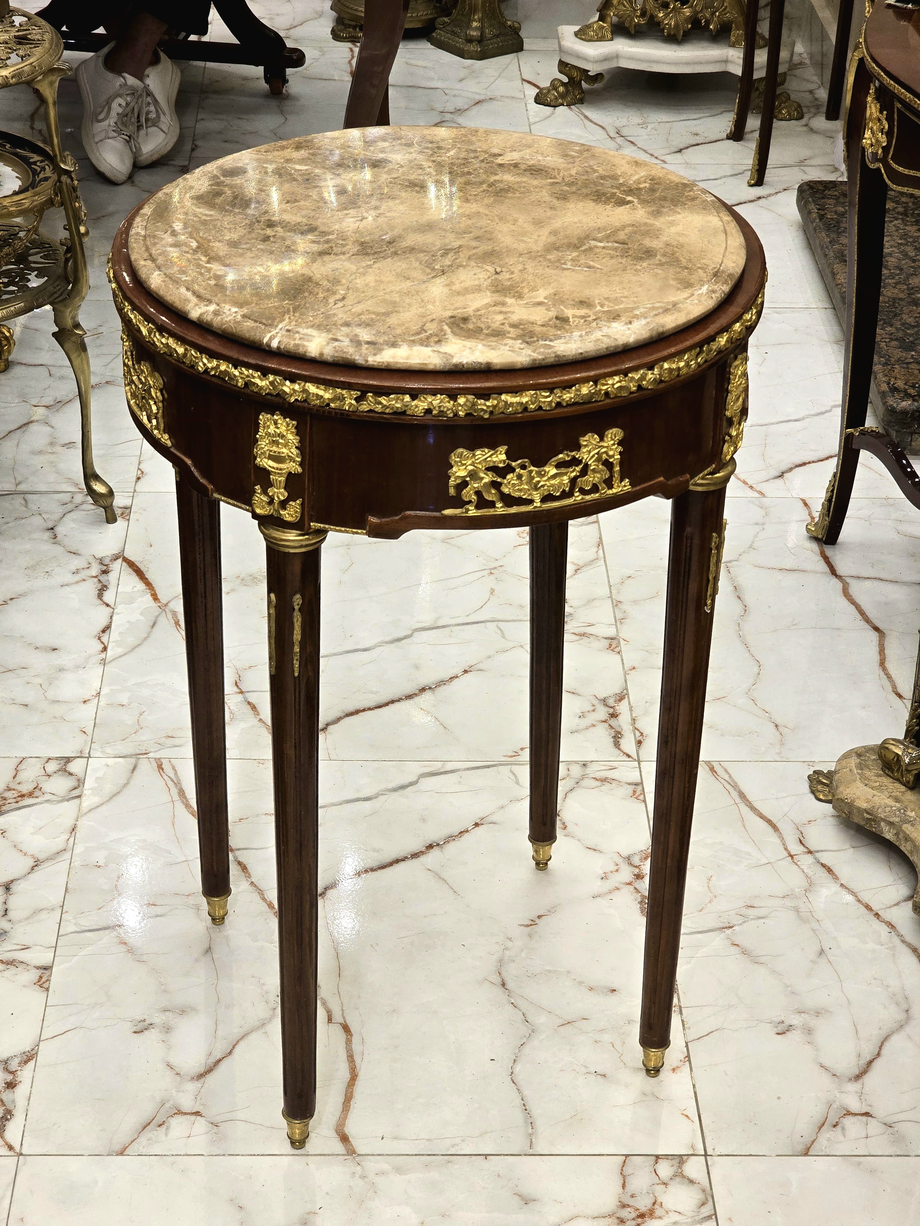 Baroque Style Side Table – Gold Accents with Marble Top, Elegant French Design (19” W x 19” D)
