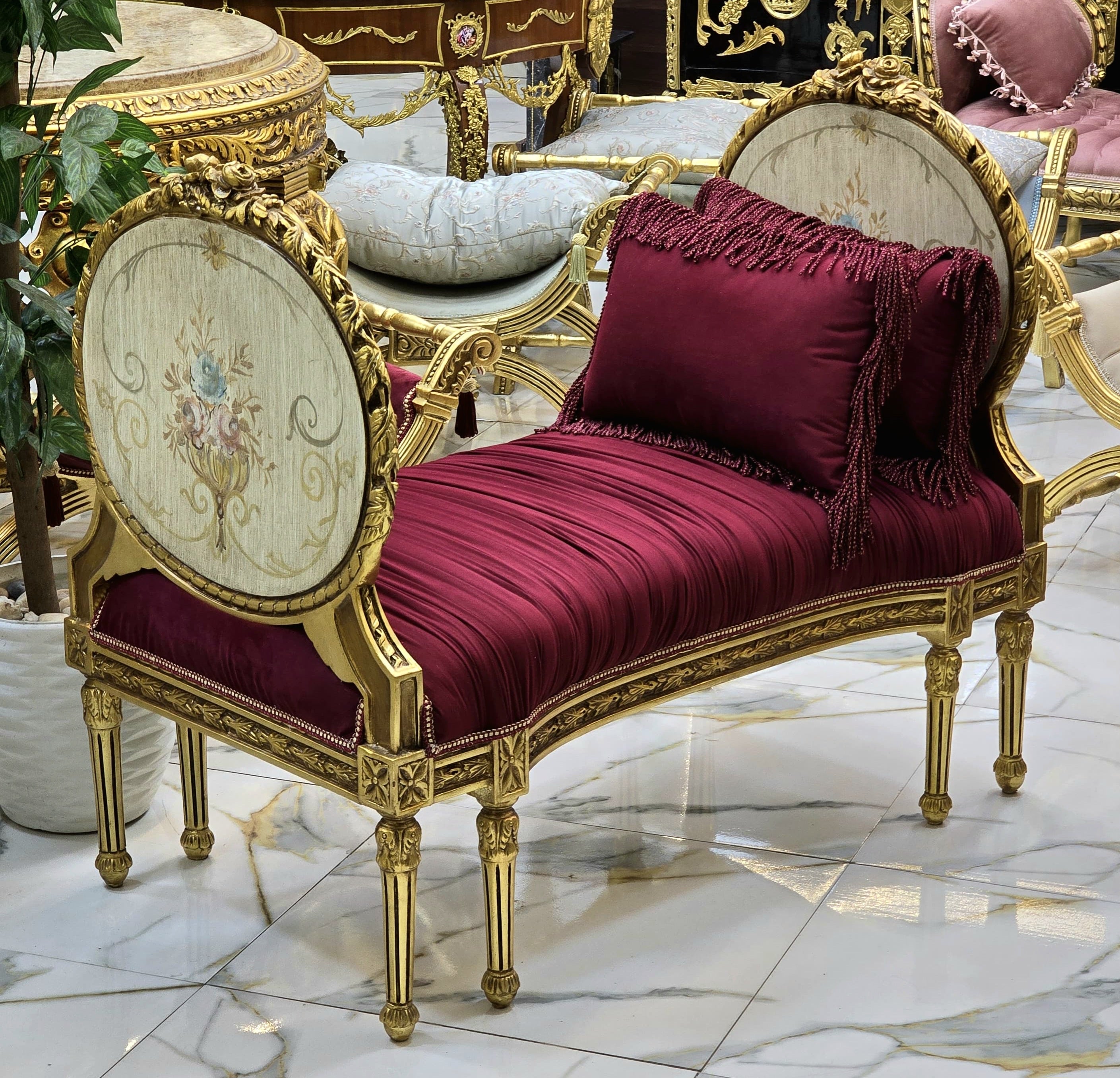Antique French Marquis Tufted Bench – Velvet Upholstery with Gold Leaf Details