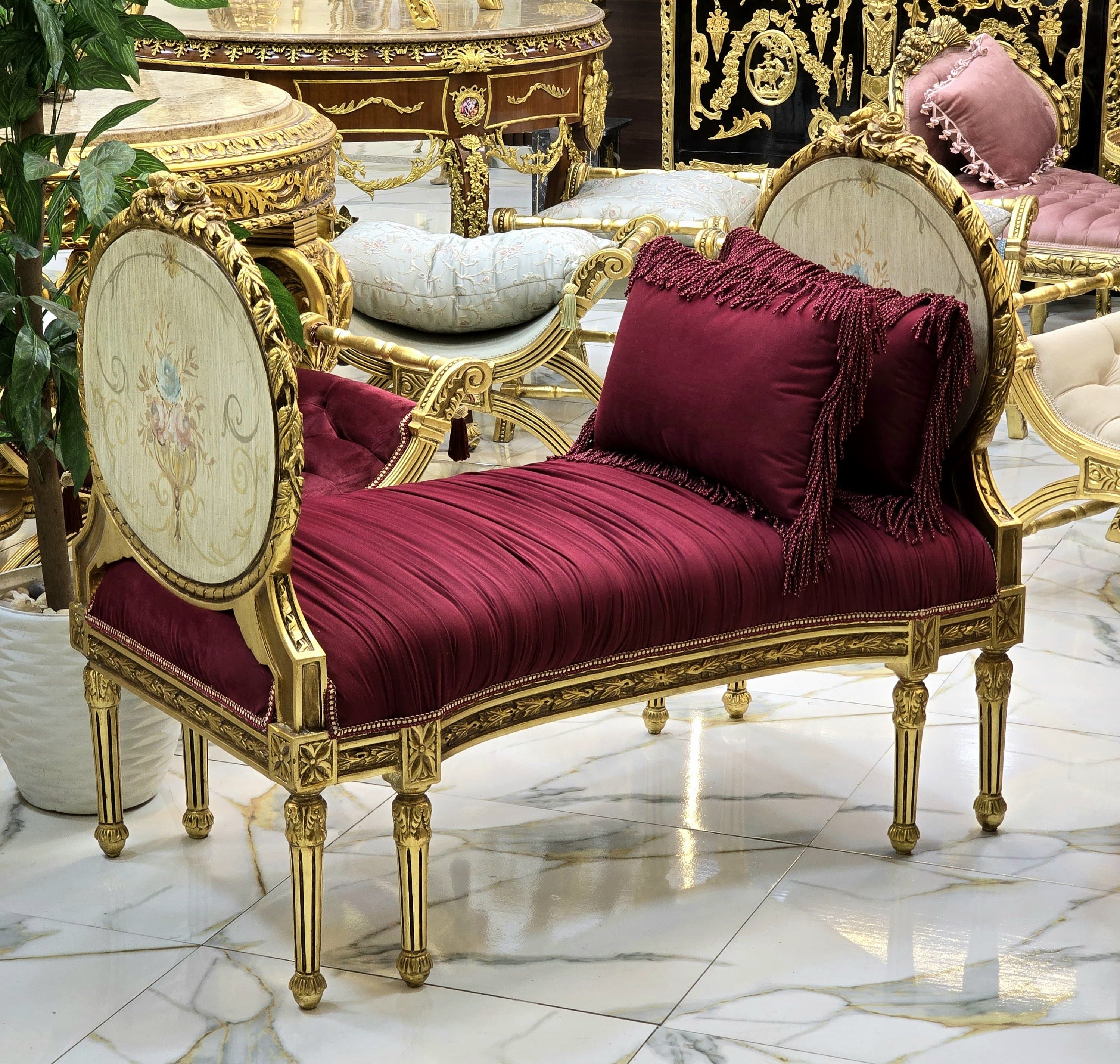 Antique French Marquis Tufted Bench – Velvet Upholstery with Gold Leaf Details