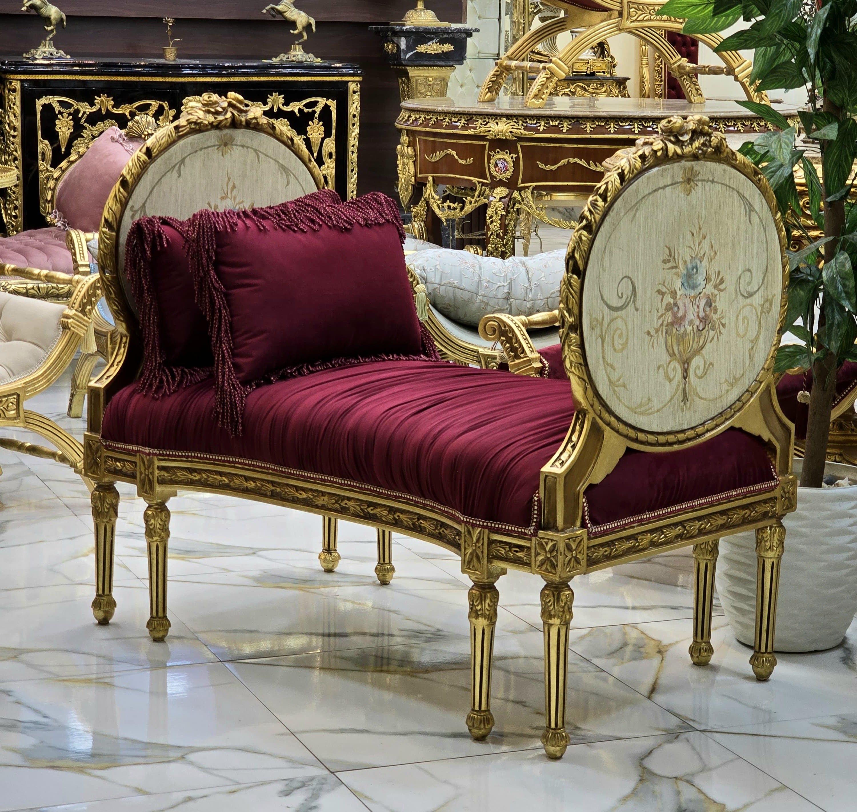 Antique French Marquis Tufted Bench – Velvet Upholstery with Gold Leaf Details