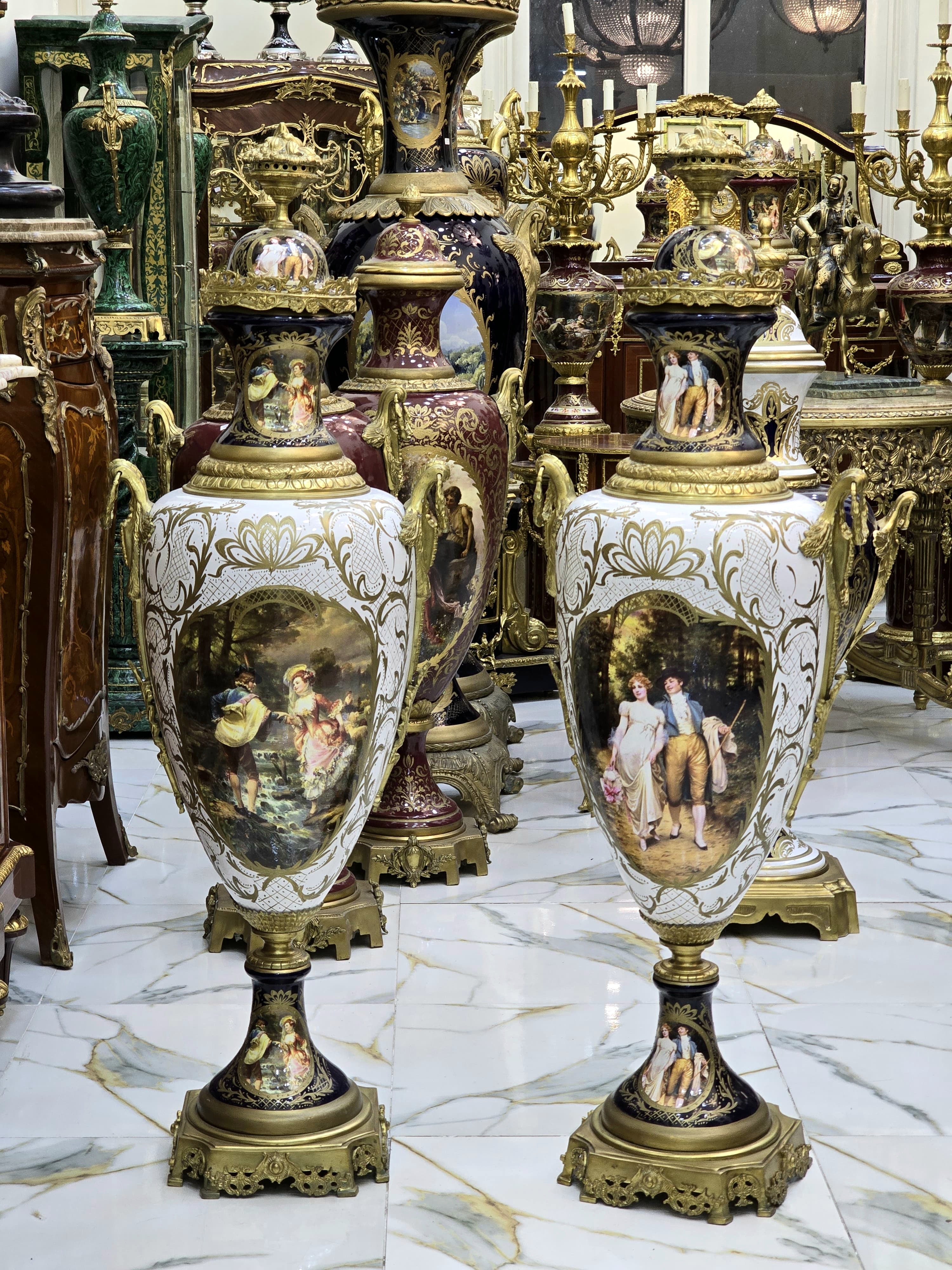 Vintage French Style Porcelain Vases – Romantic Scenes & Gilt Bronze Mounts