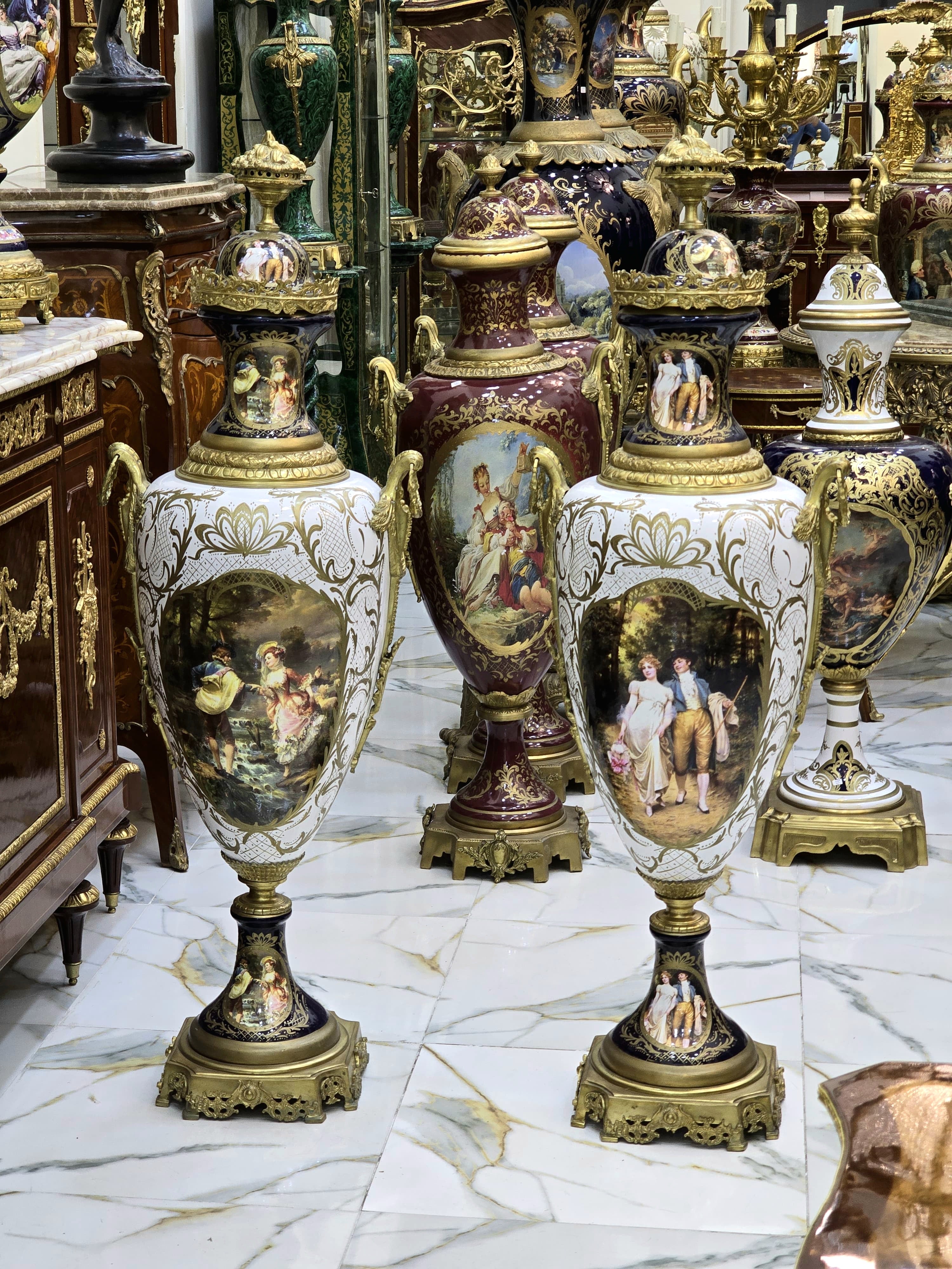 Vintage French Style Porcelain Vases – Romantic Scenes & Gilt Bronze Mounts