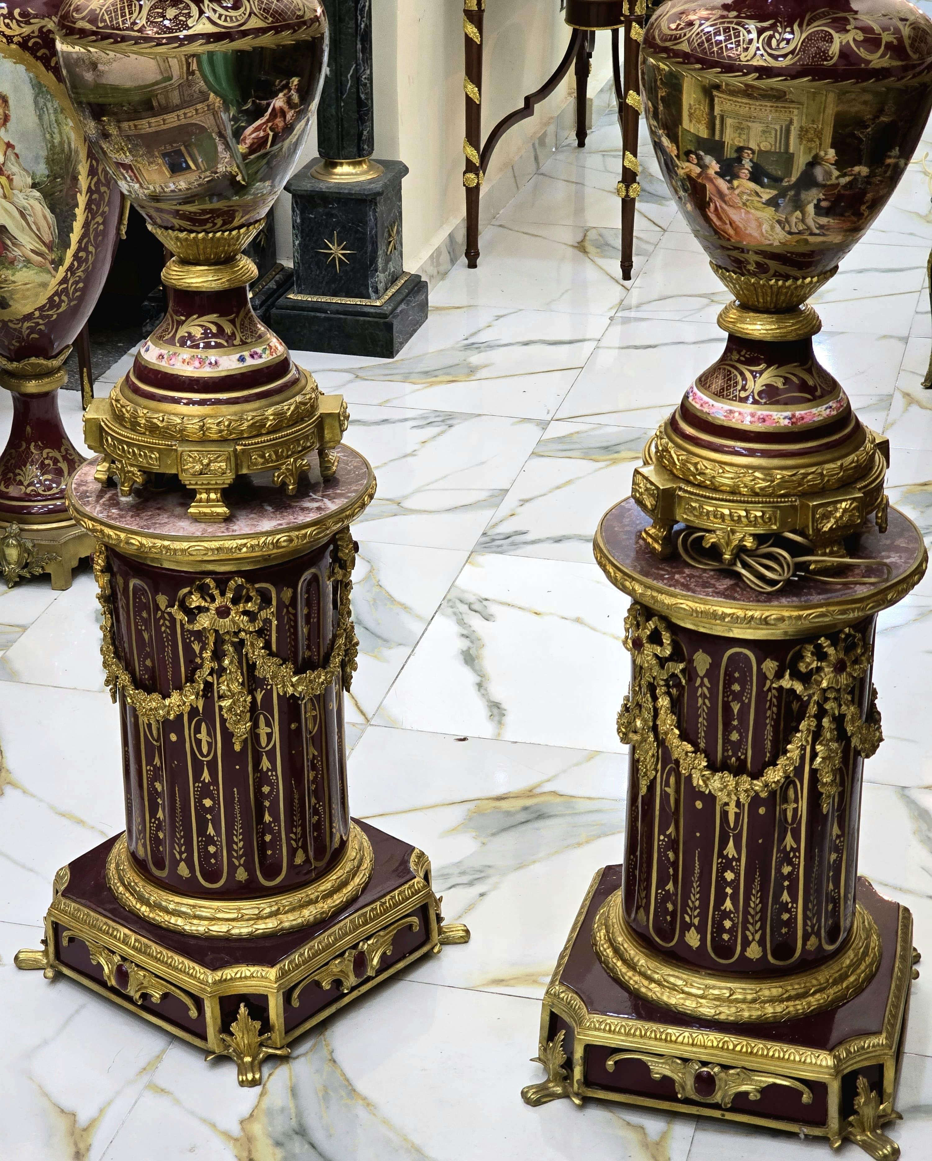 Magnificent Burgundy Louis XVI-Style Porcelain Candelabra with Pedestal & Gilded Bronze Accents