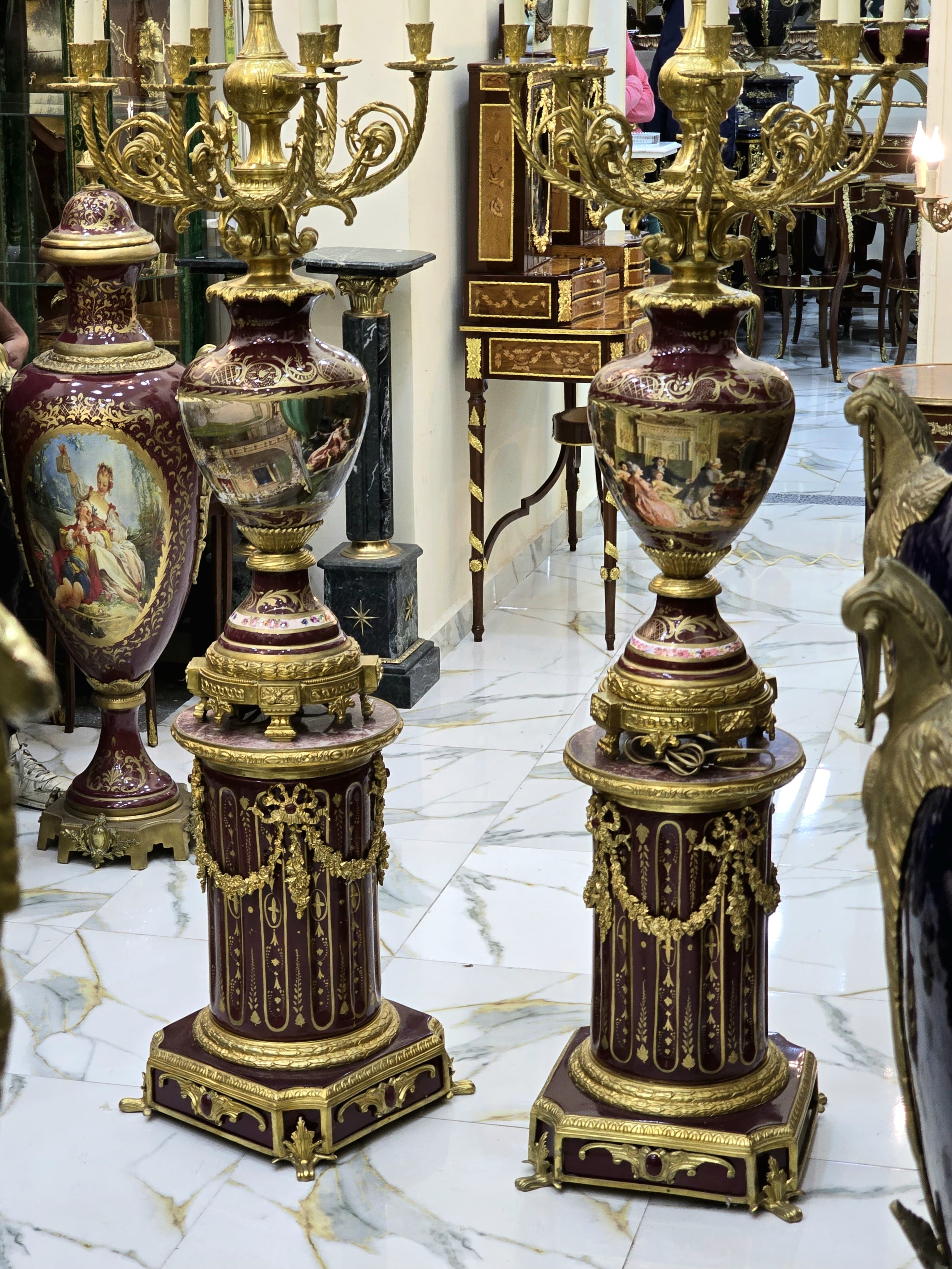 Magnificent Burgundy Louis XVI-Style Porcelain Candelabra with Pedestal & Gilded Bronze Accents