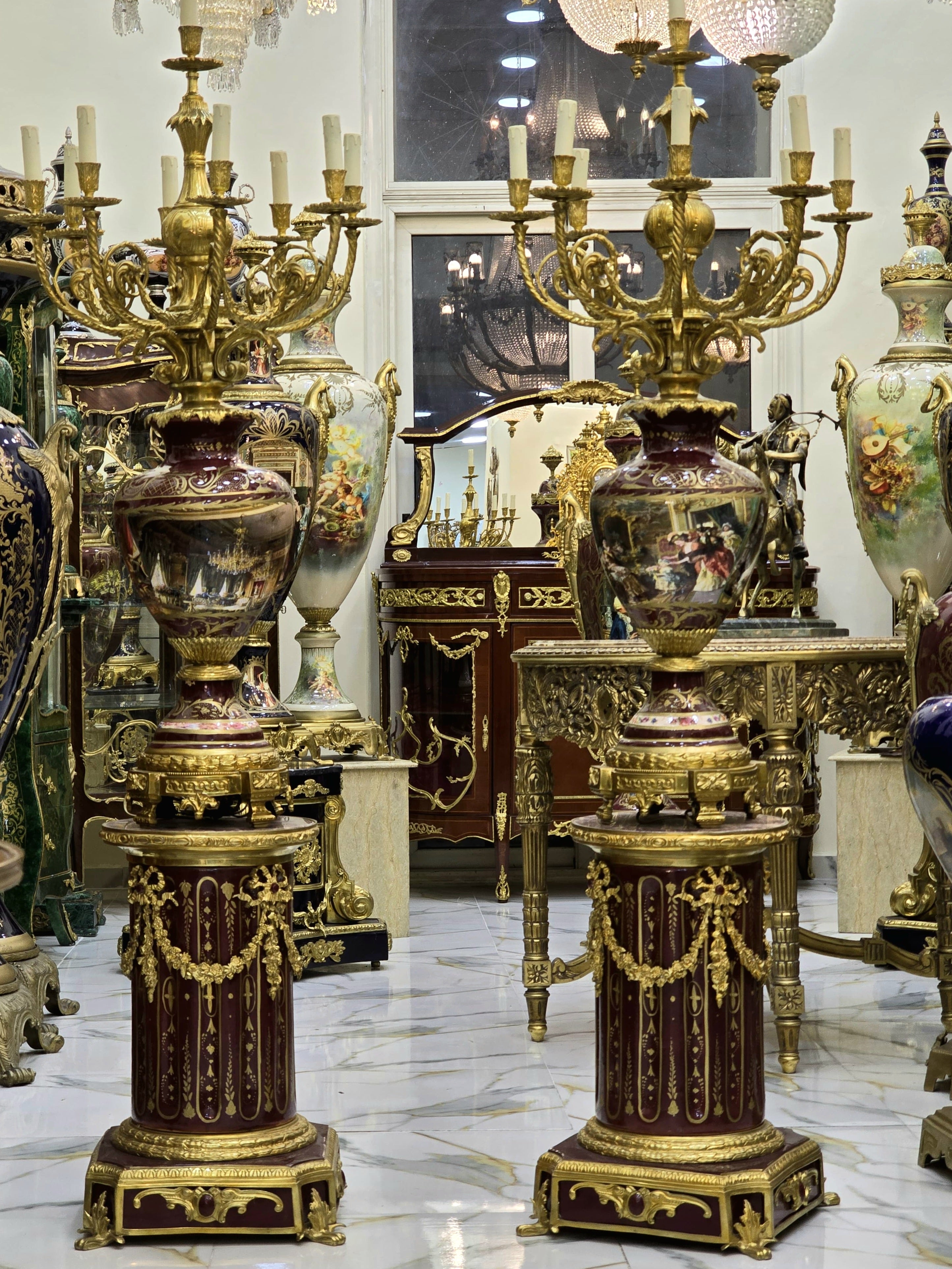 Magnificent Burgundy Louis XVI-Style Porcelain Candelabra with Pedestal & Gilded Bronze Accents