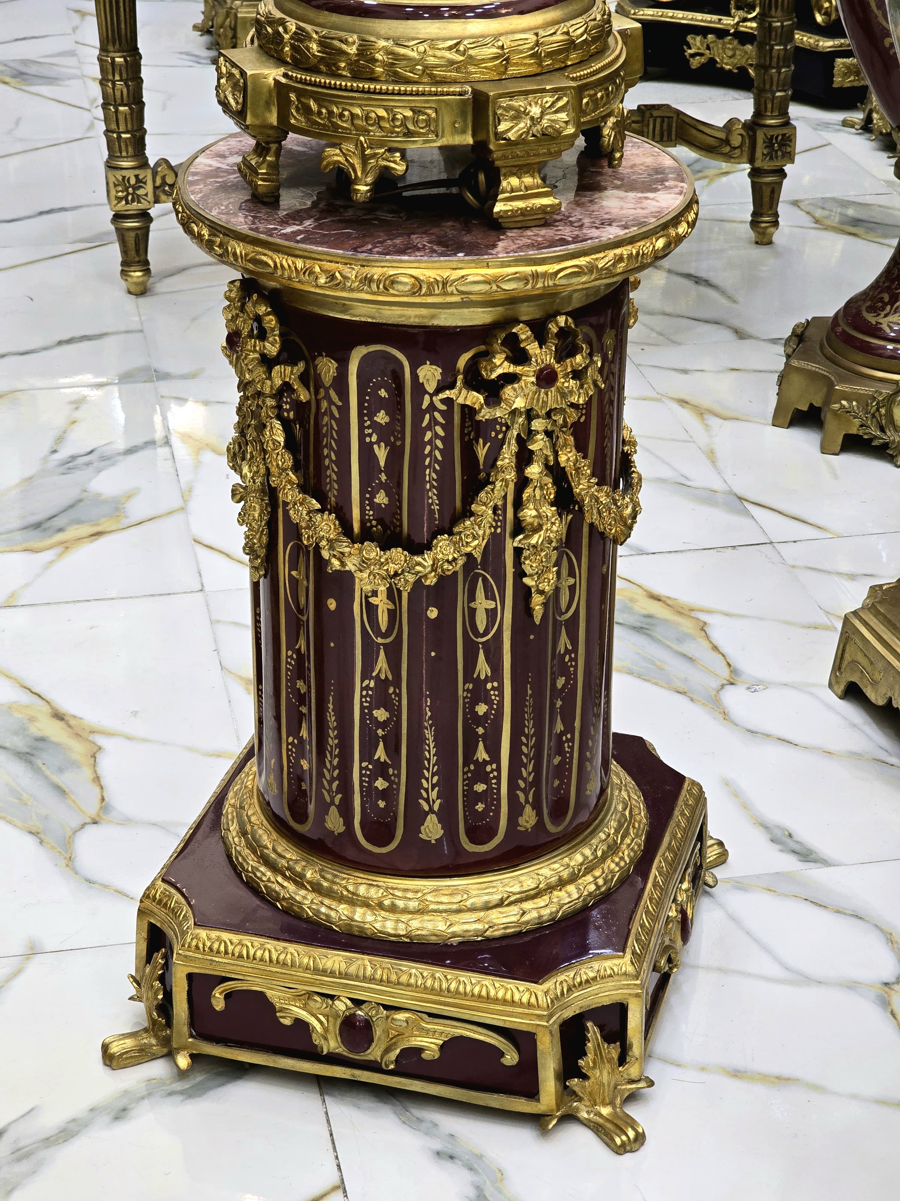 Magnificent Burgundy Louis XVI-Style Porcelain Candelabra with Pedestal & Gilded Bronze Accents