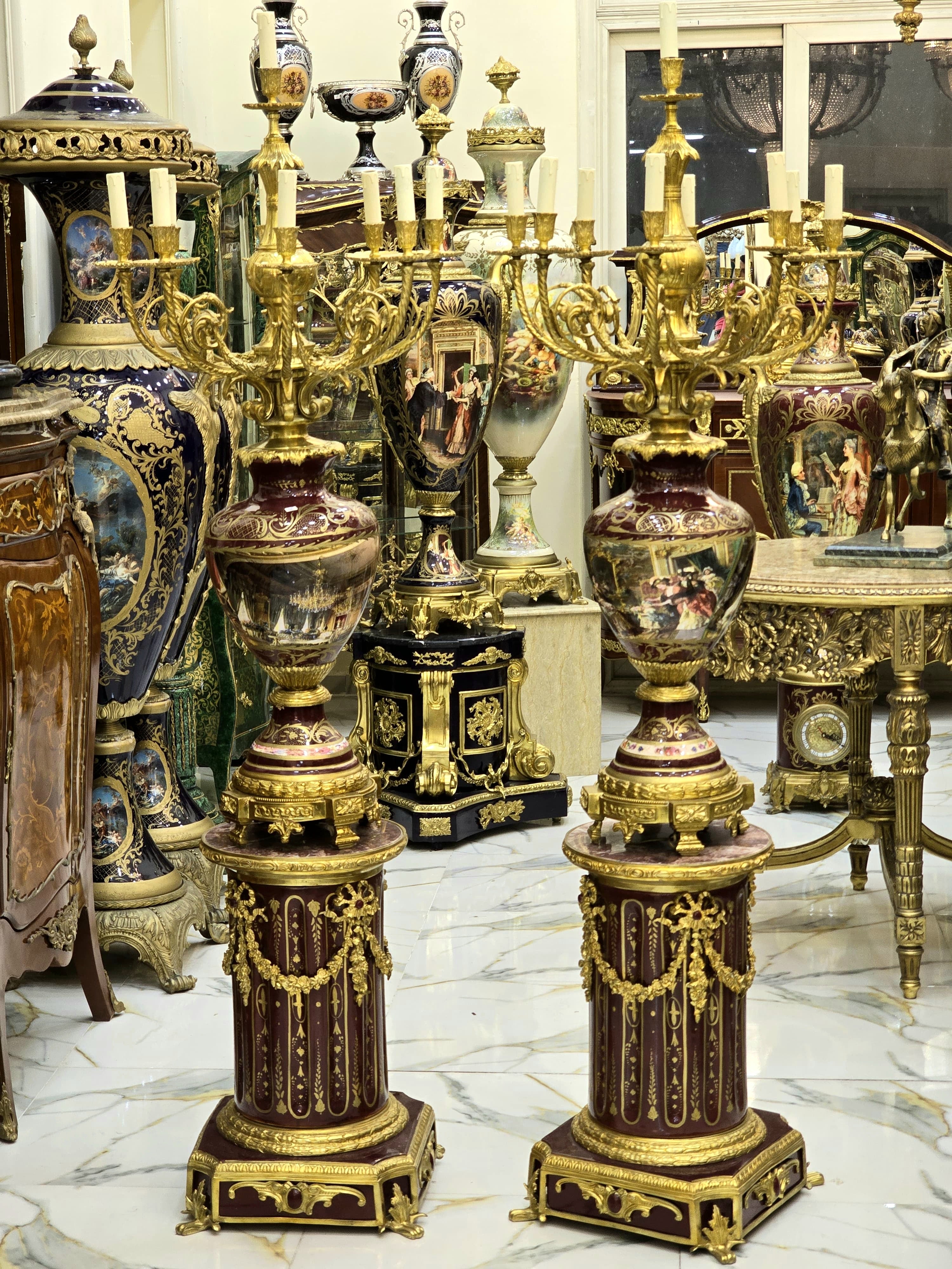 Magnificent Burgundy Louis XVI-Style Porcelain Candelabra with Pedestal & Gilded Bronze Accents