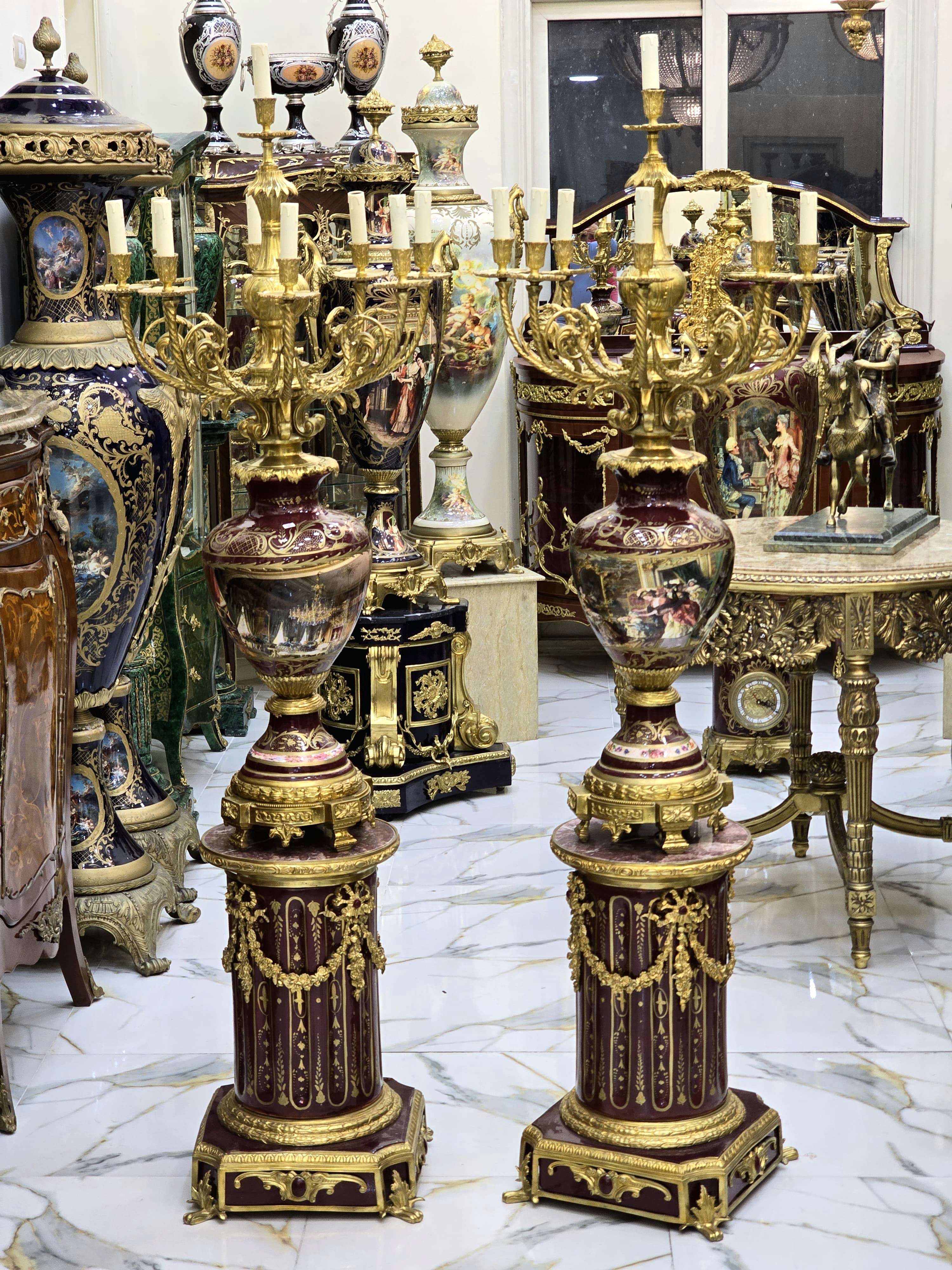 Magnificent Burgundy Louis XVI-Style Porcelain Candelabra with Pedestal & Gilded Bronze Accents