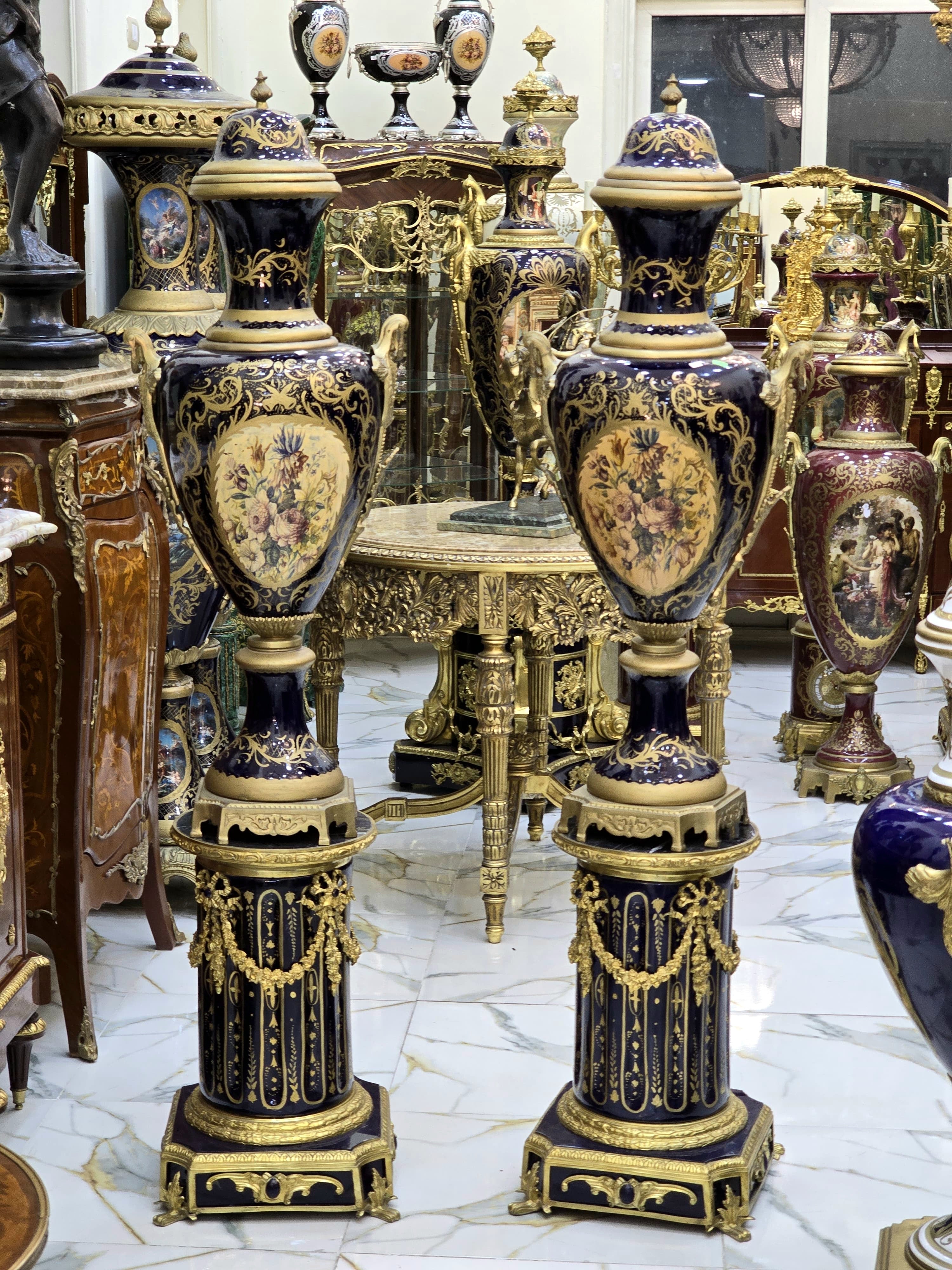 Monumental Black Navy Sevres-Style Porcelain Vase on Pedestal with Rich Gold Leaf Details