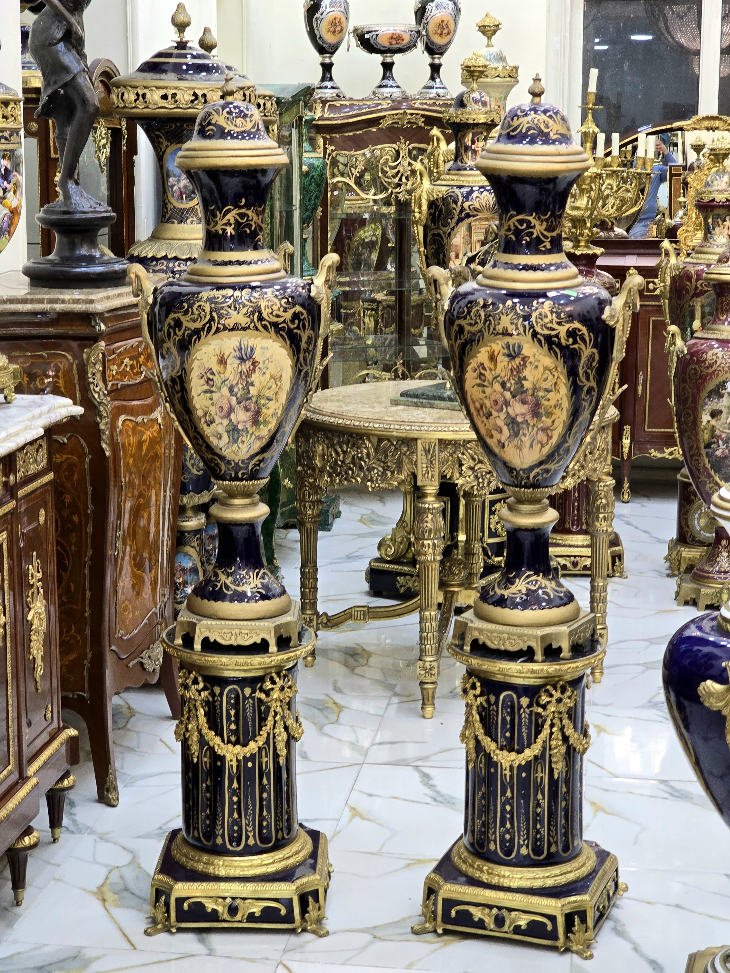 Monumental Black Navy Sevres-Style Porcelain Vase on Pedestal with Rich Gold Leaf Details