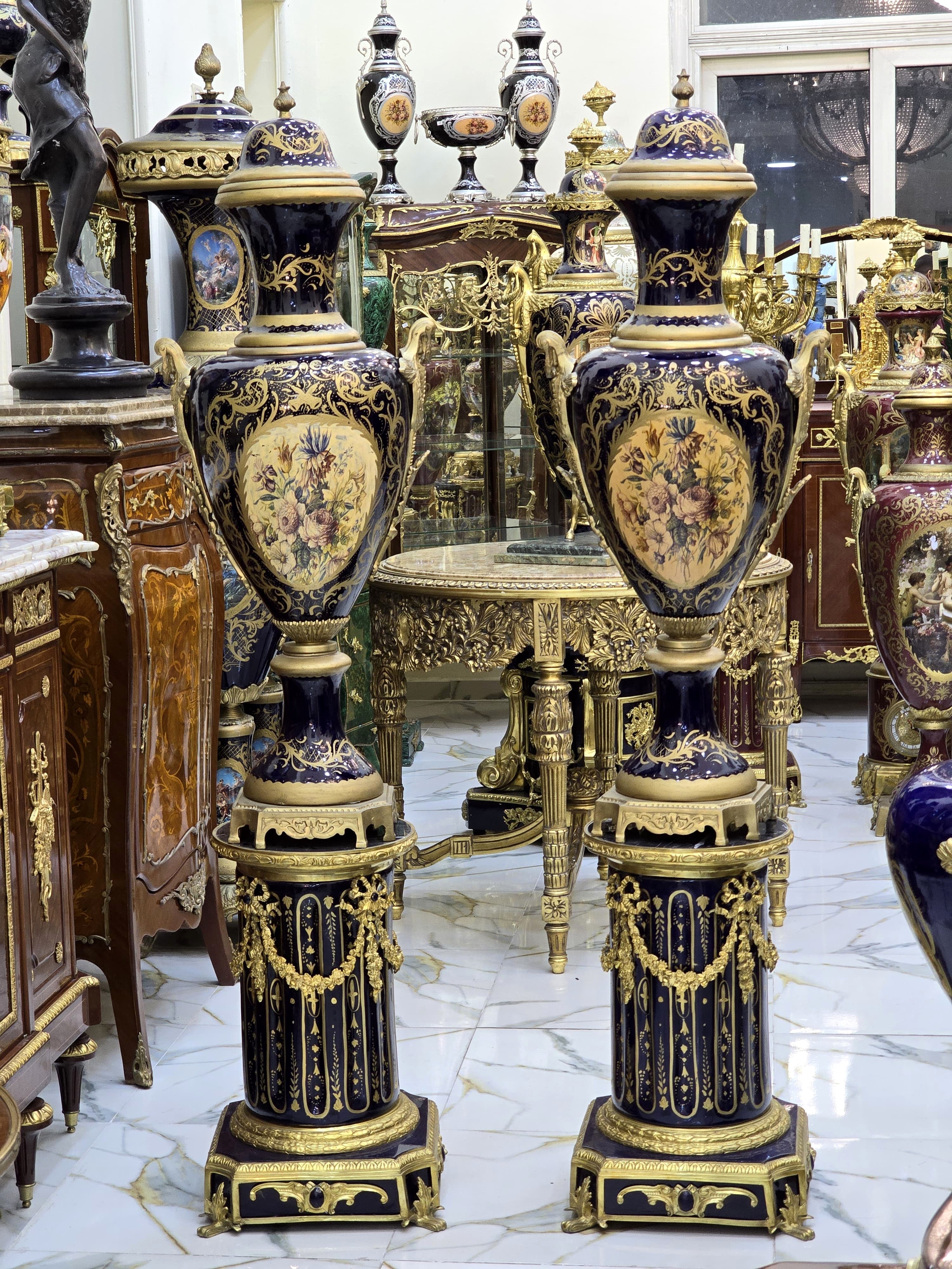 Monumental Black Navy Sevres-Style Porcelain Vase on Pedestal with Rich Gold Leaf Details