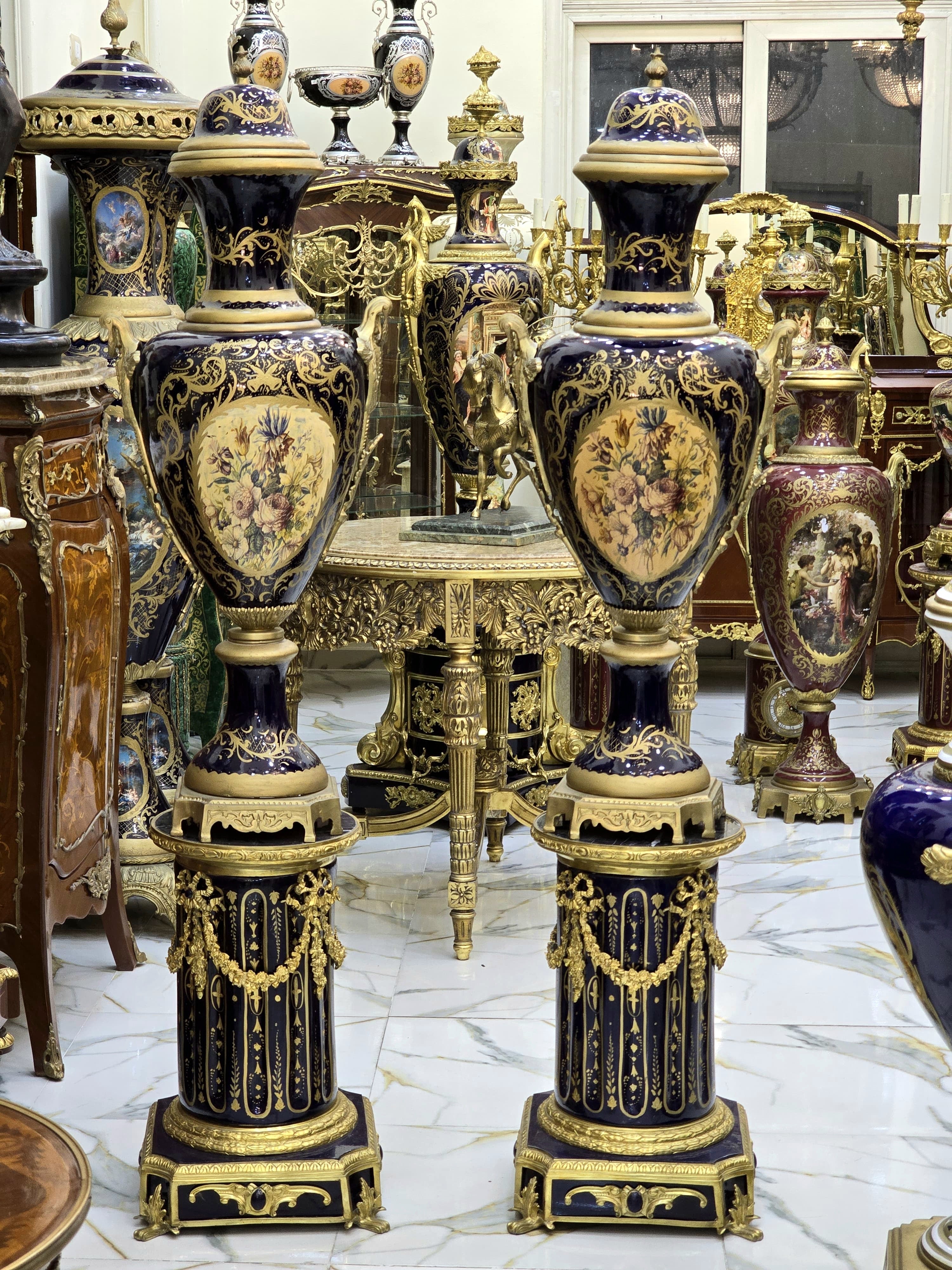 Monumental Black Navy Sevres-Style Porcelain Vase on Pedestal with Rich Gold Leaf Details