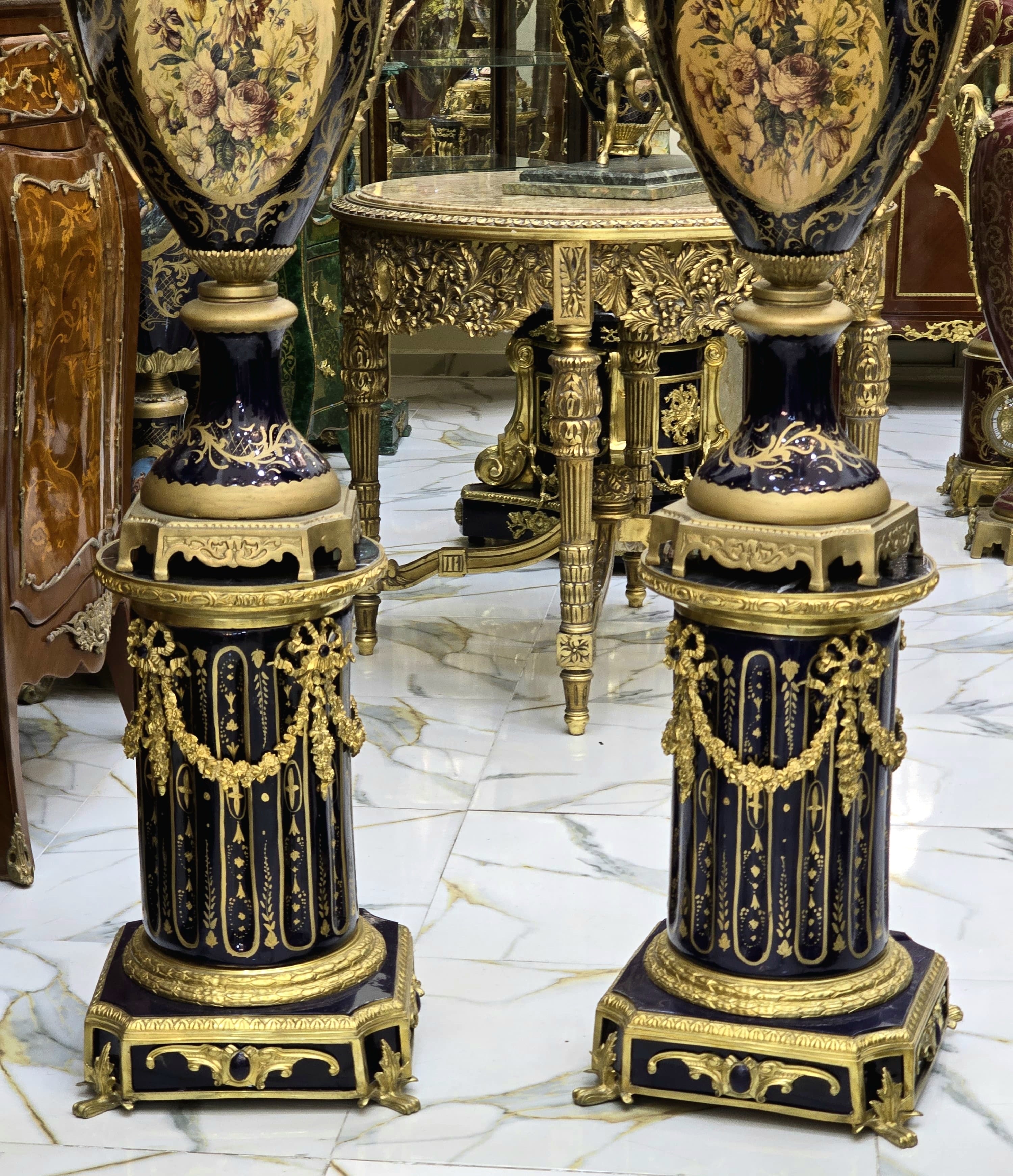 Monumental Black Navy Sevres-Style Porcelain Vase on Pedestal with Rich Gold Leaf Details