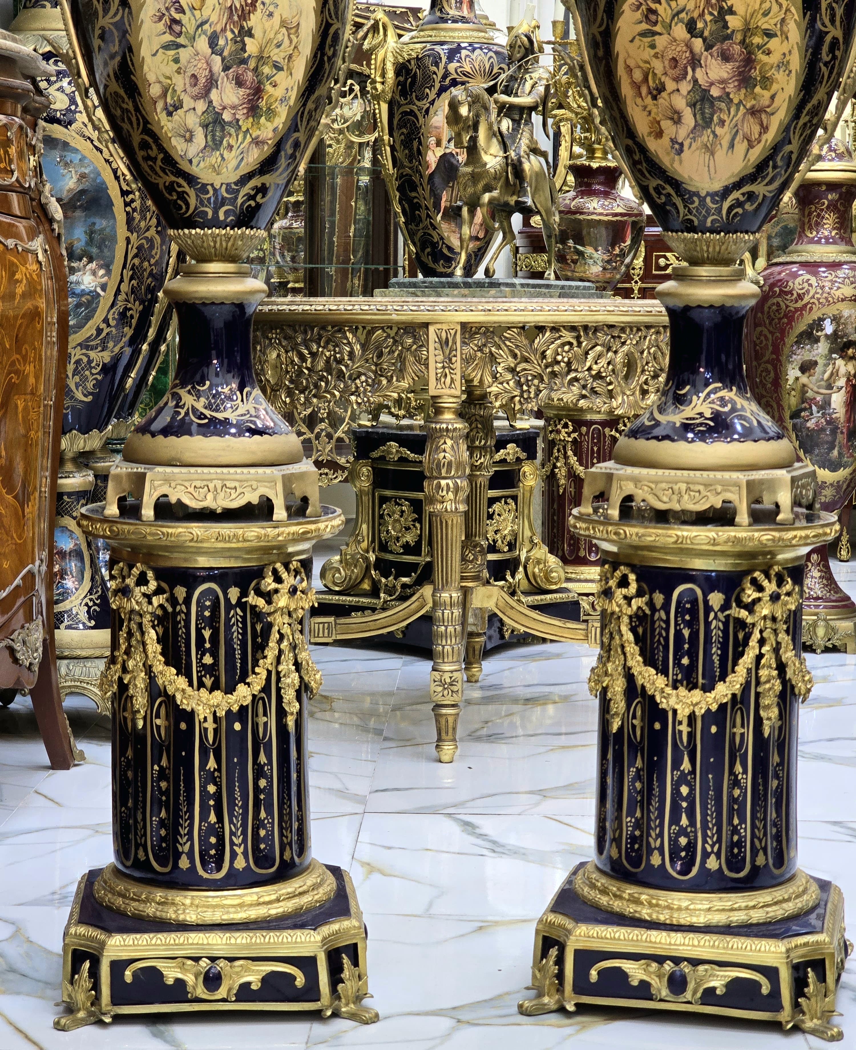 Monumental Black Navy Sevres-Style Porcelain Vase on Pedestal with Rich Gold Leaf Details
