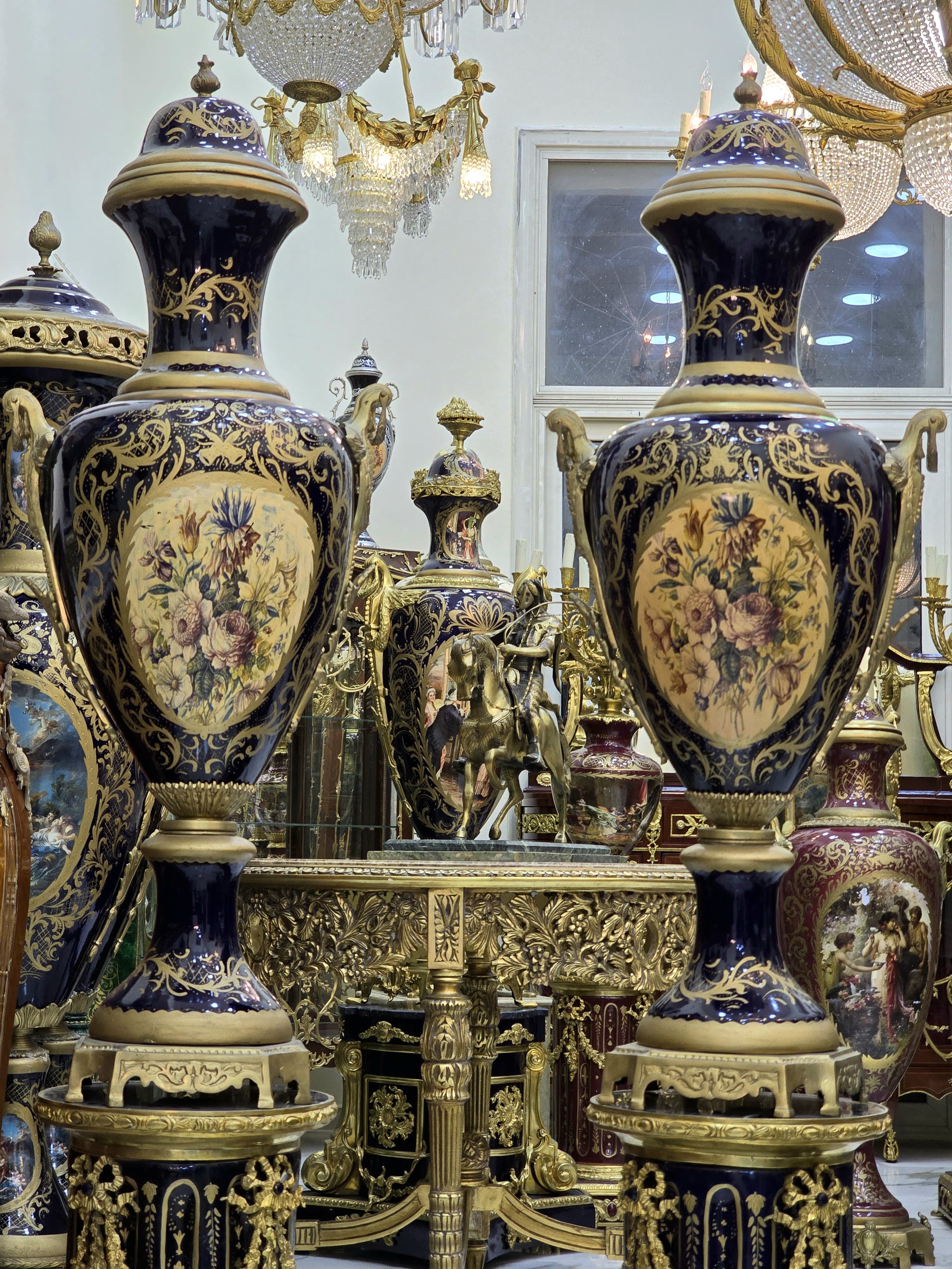 Monumental Black Navy Sevres-Style Porcelain Vase on Pedestal with Rich Gold Leaf Details