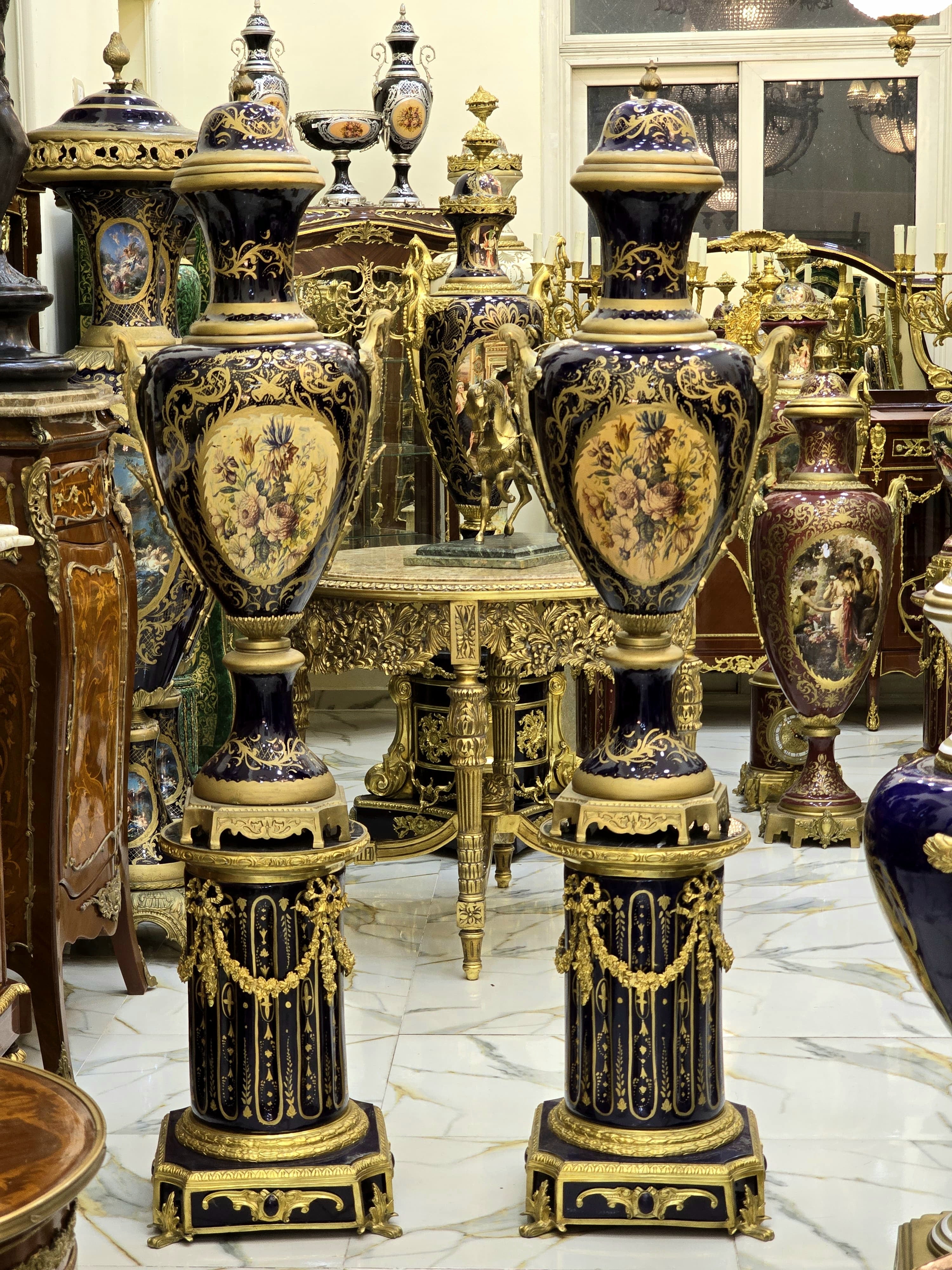 Monumental Black Navy Sevres-Style Porcelain Vase on Pedestal with Rich Gold Leaf Details