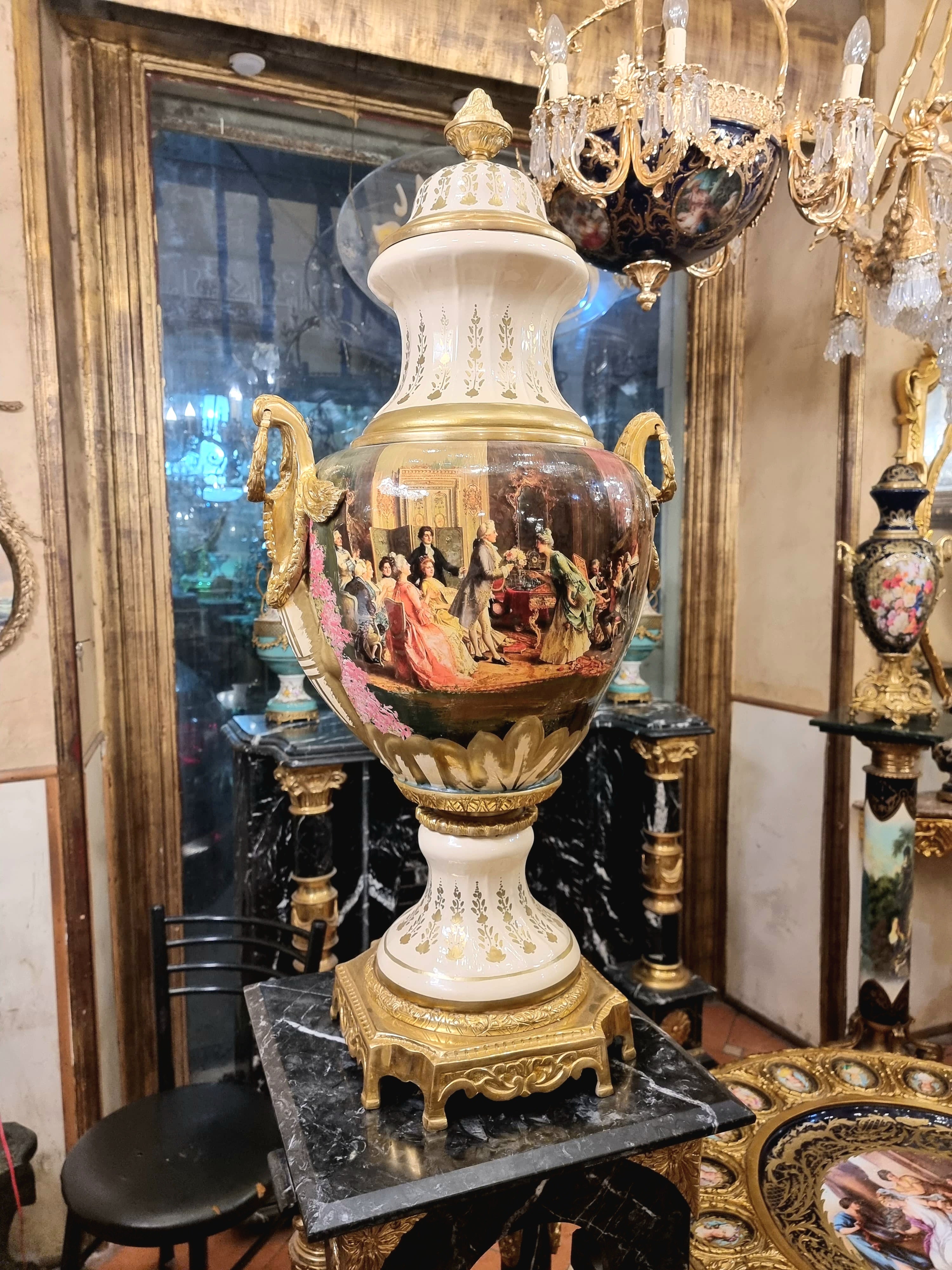 French Porcelain Vase with Romantic Scene & Gold Gilt Bronze Mounts