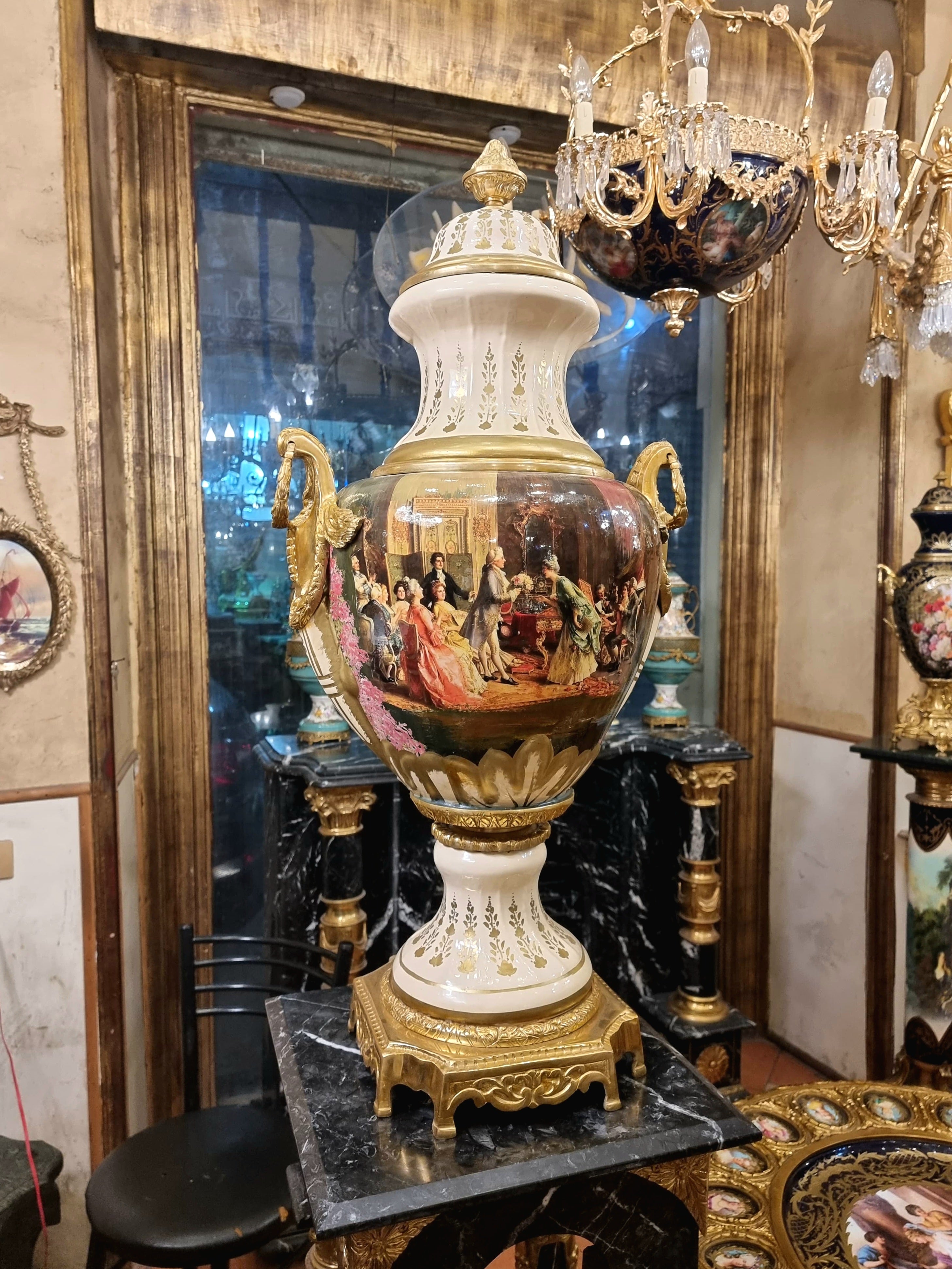 French Porcelain Vase with Romantic Scene & Gold Gilt Bronze Mounts