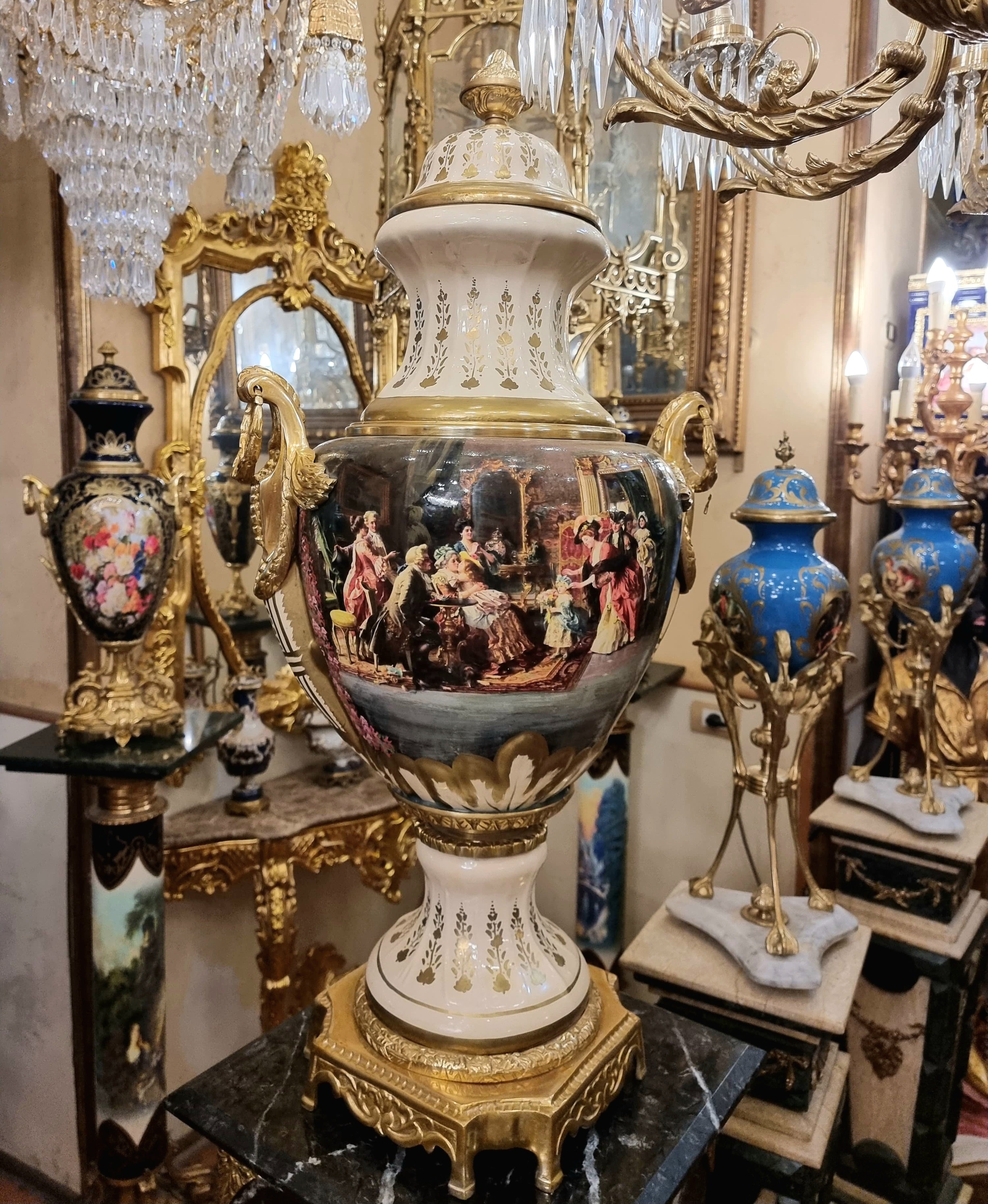 French Porcelain Vase with Romantic Scene & Gold Gilt Bronze Mounts