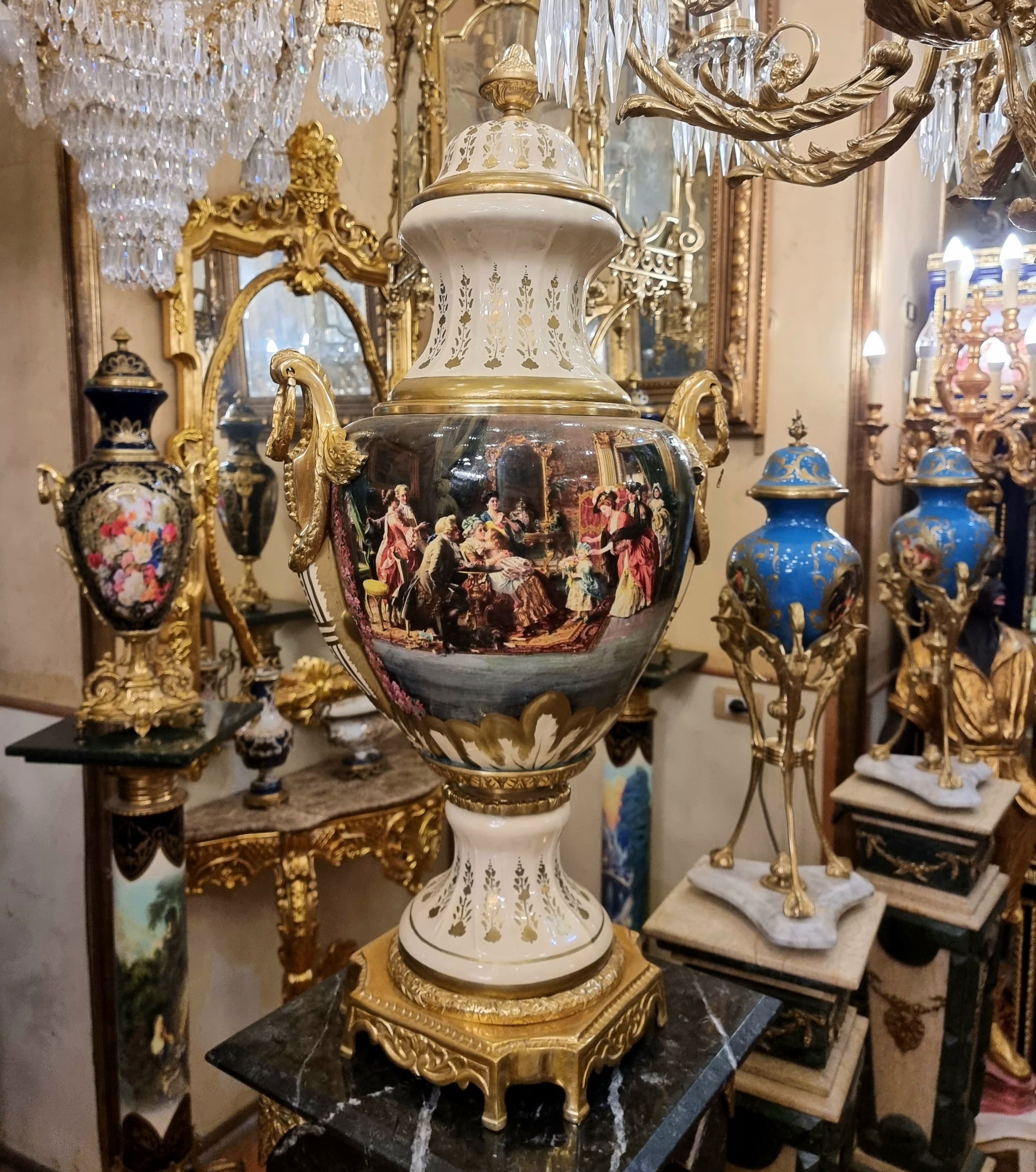 French Porcelain Vase with Romantic Scene & Gold Gilt Bronze Mounts