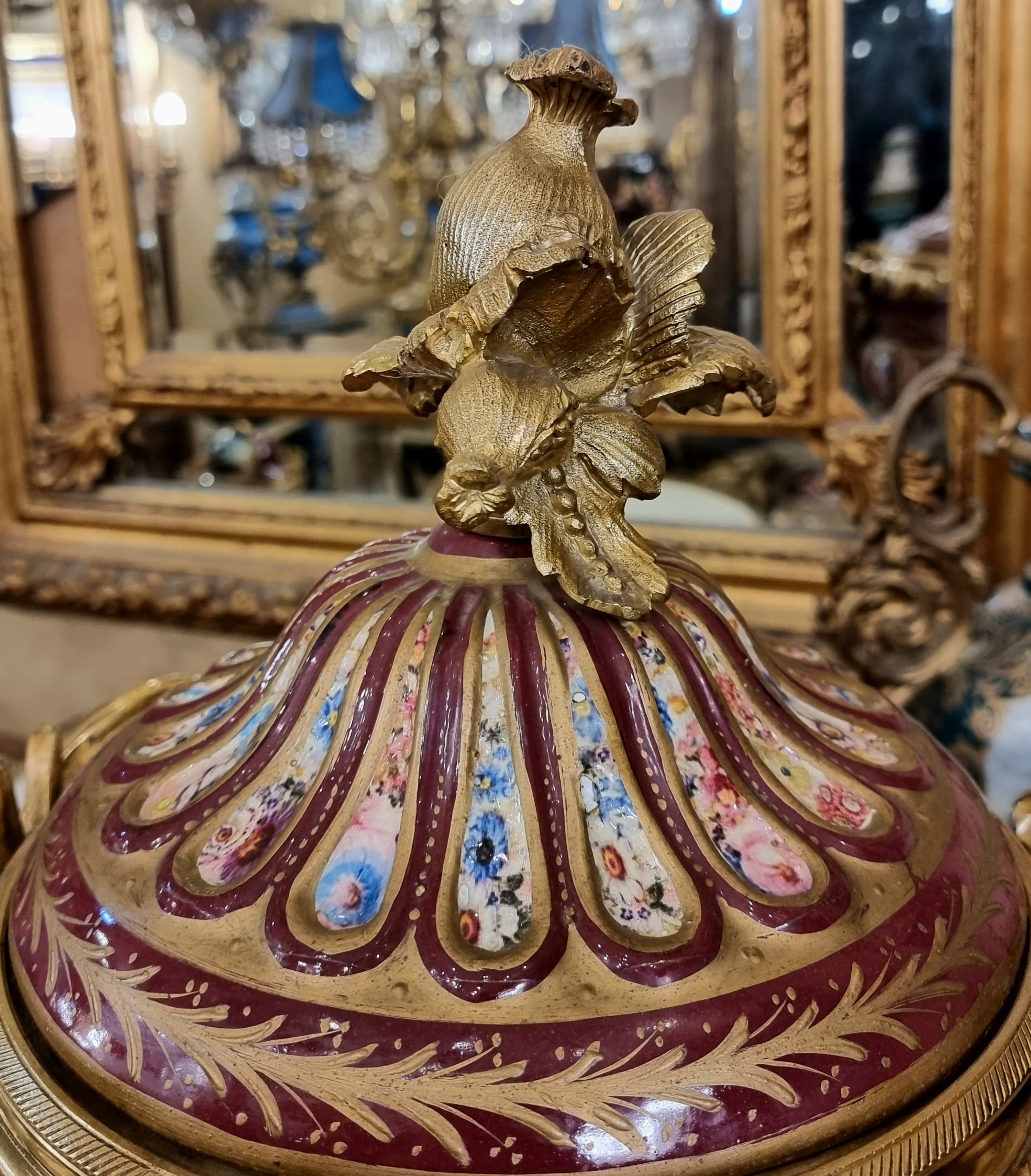 Burgundy French Style Porcelain Covered Vase with Gold Leaf Details & Gilt Bronze Mounts