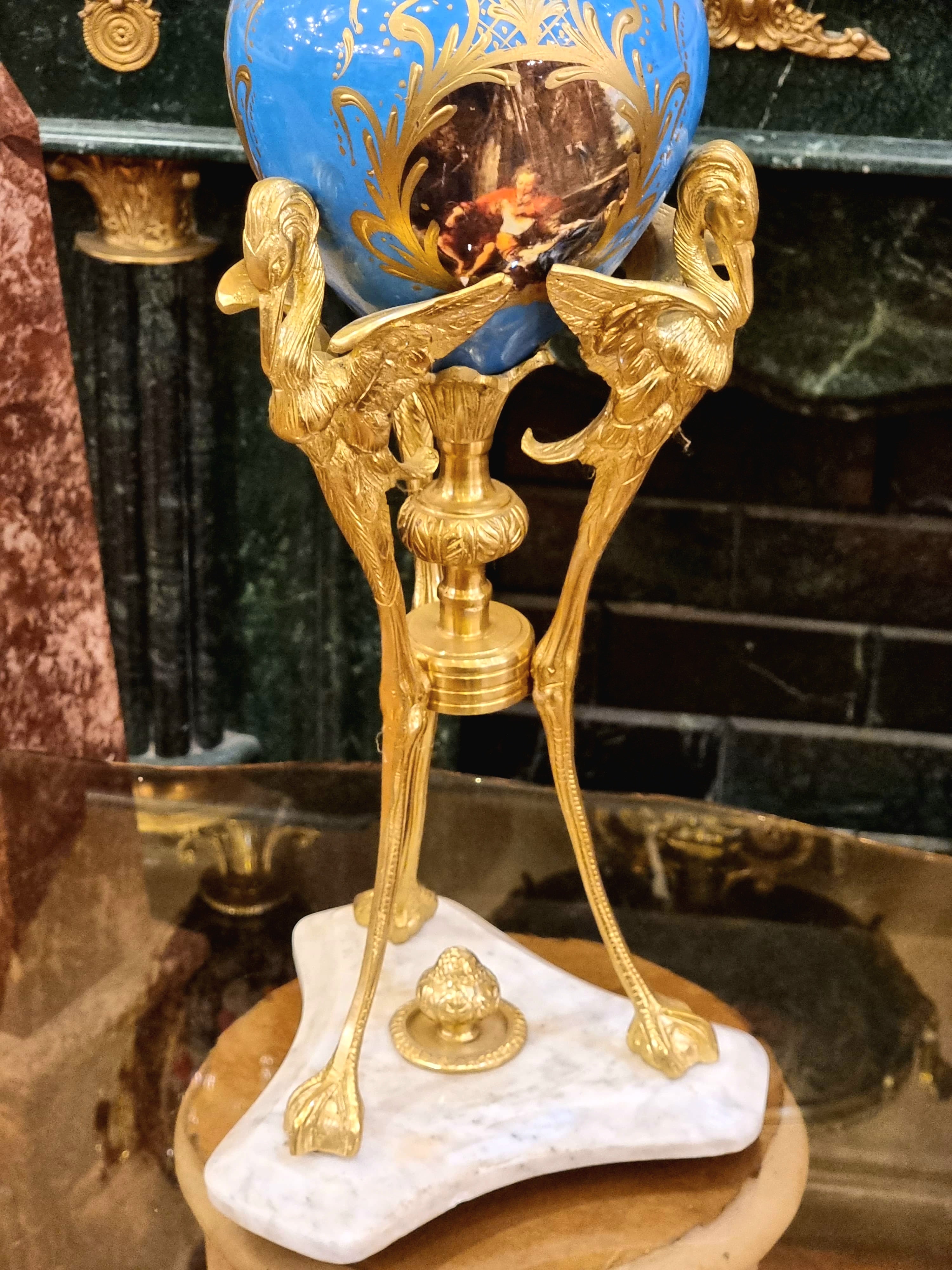 French Blue Porcelain Vase with Gold Leaf Details & Ornate Gilt Bronze Figural Mounts