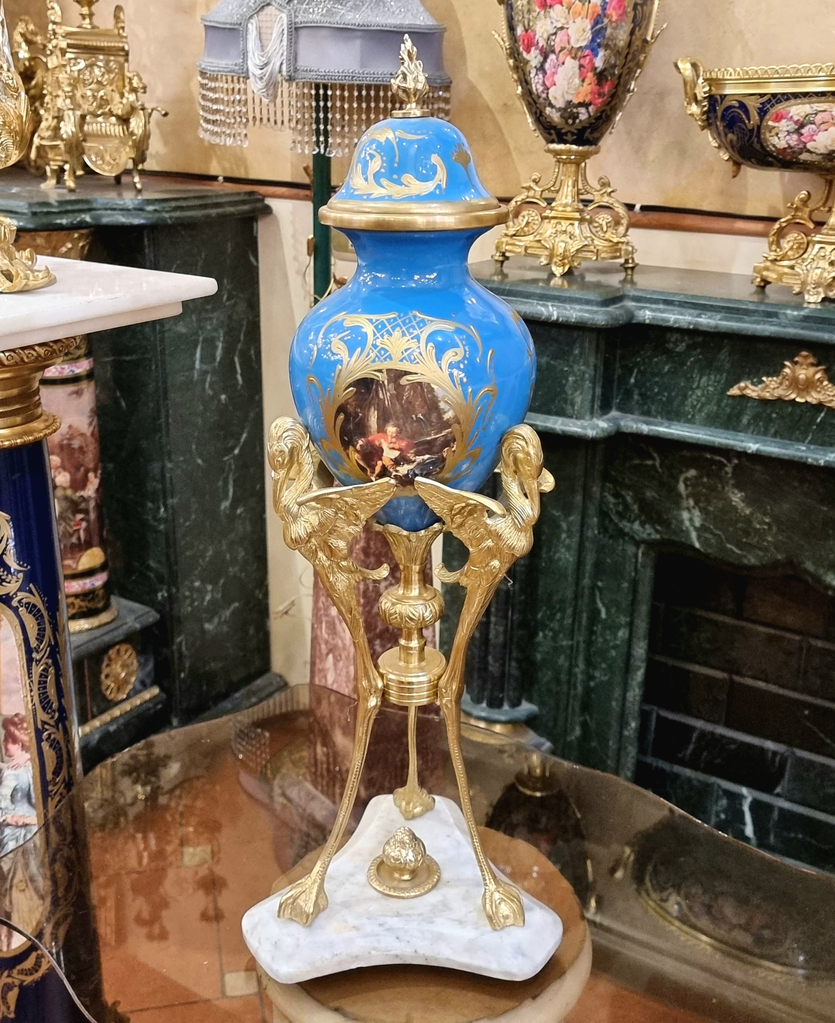 French Blue Porcelain Vase with Gold Leaf Details & Ornate Gilt Bronze Figural Mounts