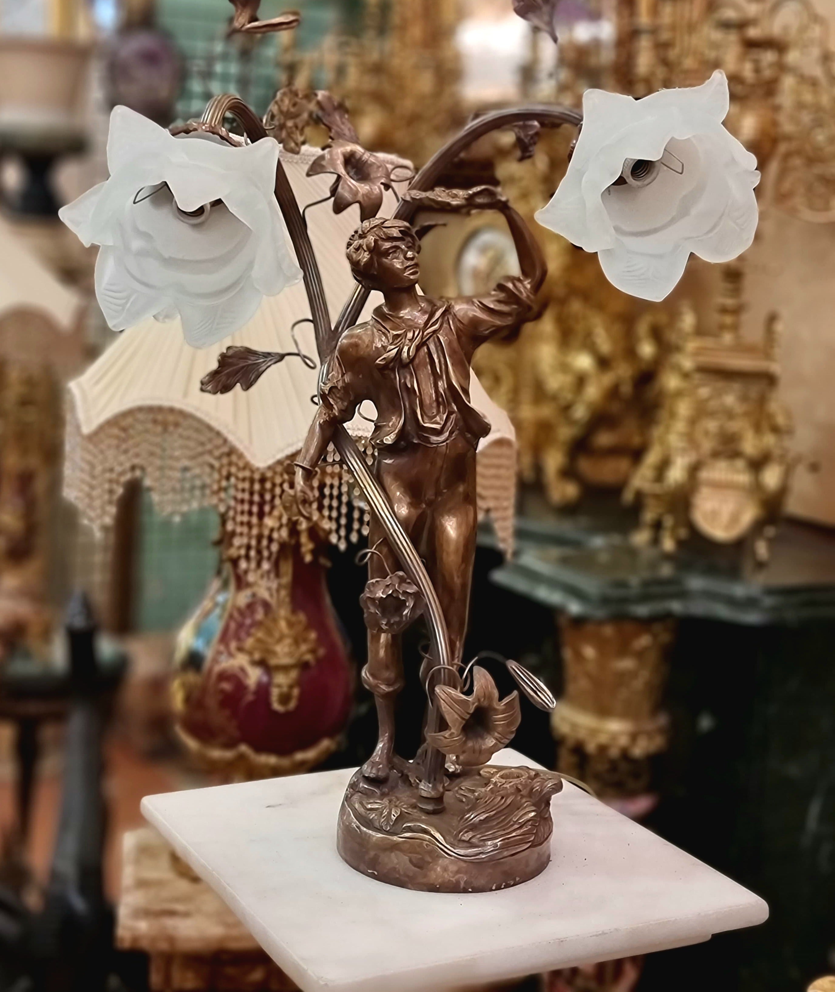 Art Nouveau Cherub Table Lamp with Floral Glass Shades & Bronze Finish