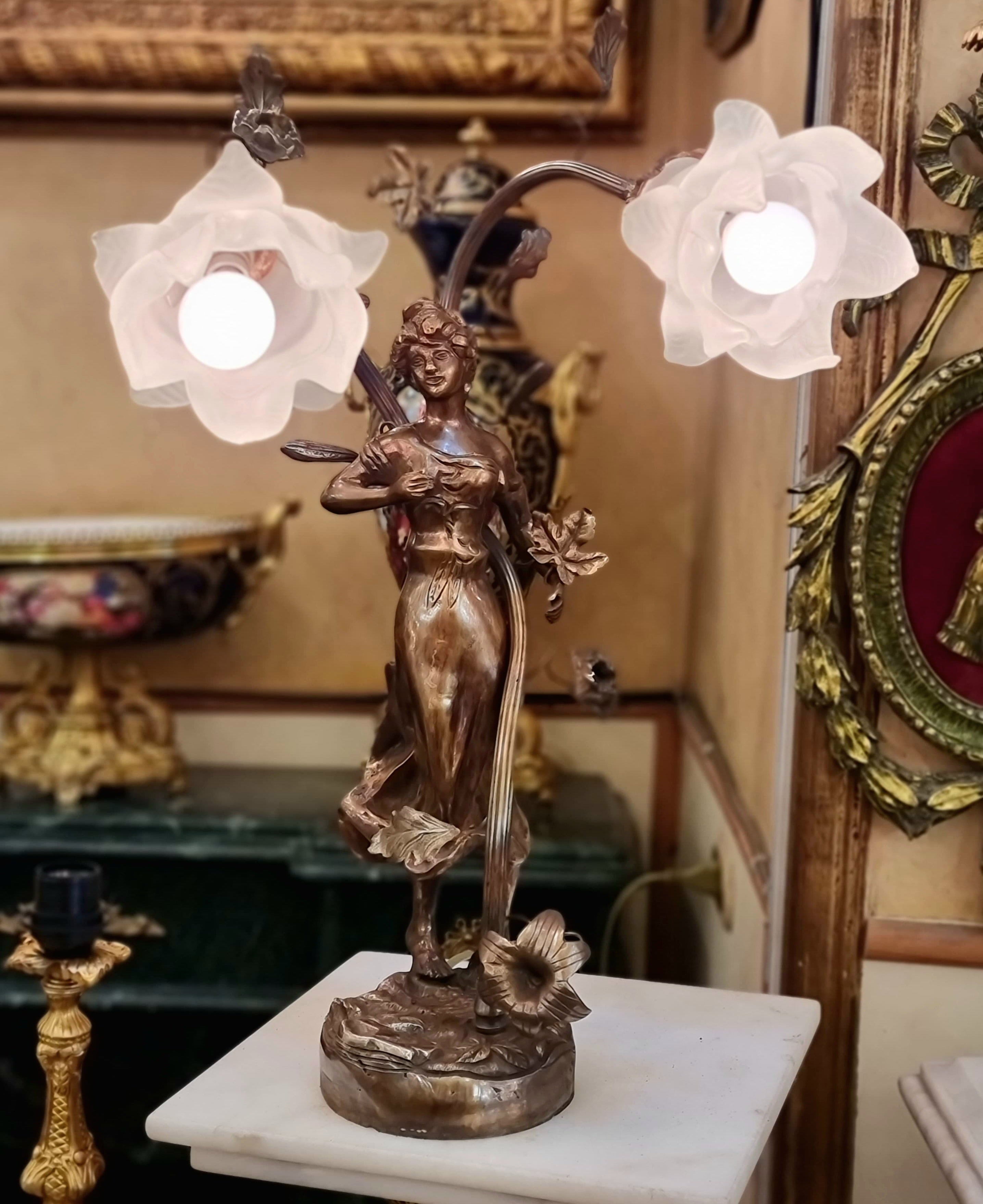 Art Nouveau Lady Table Lamp with Floral Glass Shades & Bronze Finish