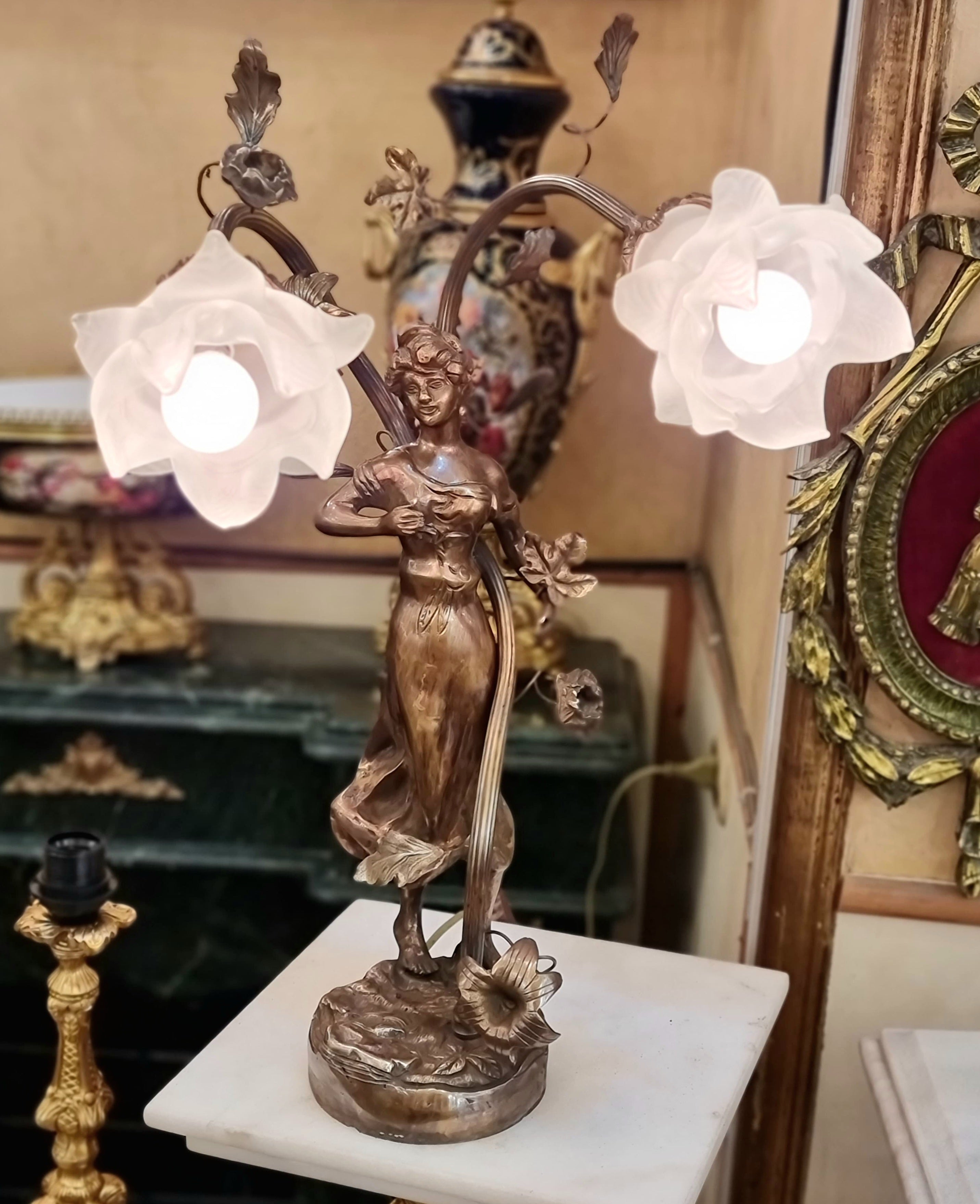 Art Nouveau Lady Table Lamp with Floral Glass Shades & Bronze Finish