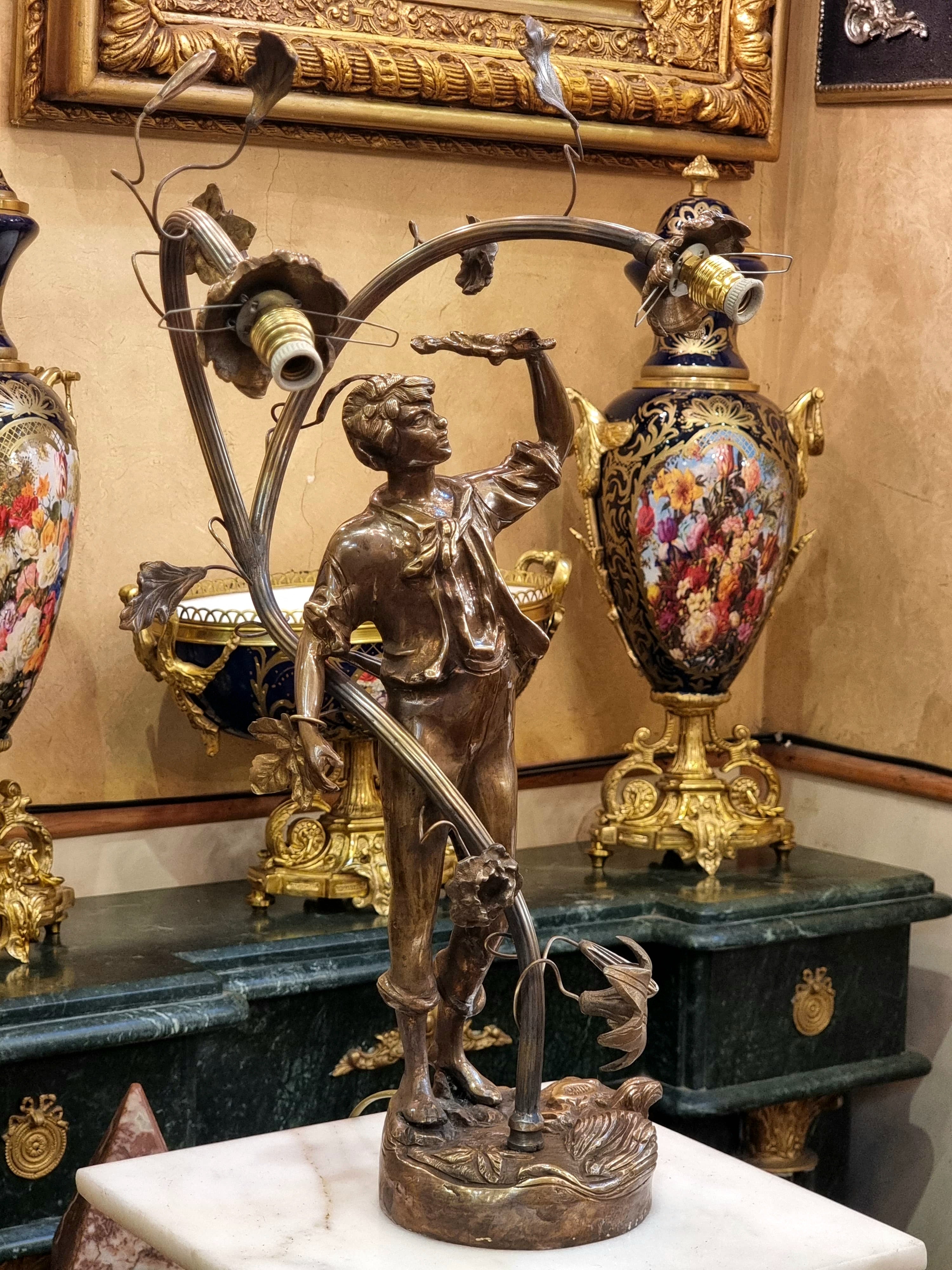 Art Nouveau Cherub Table Lamp with Floral Glass Shades & Bronze Finish