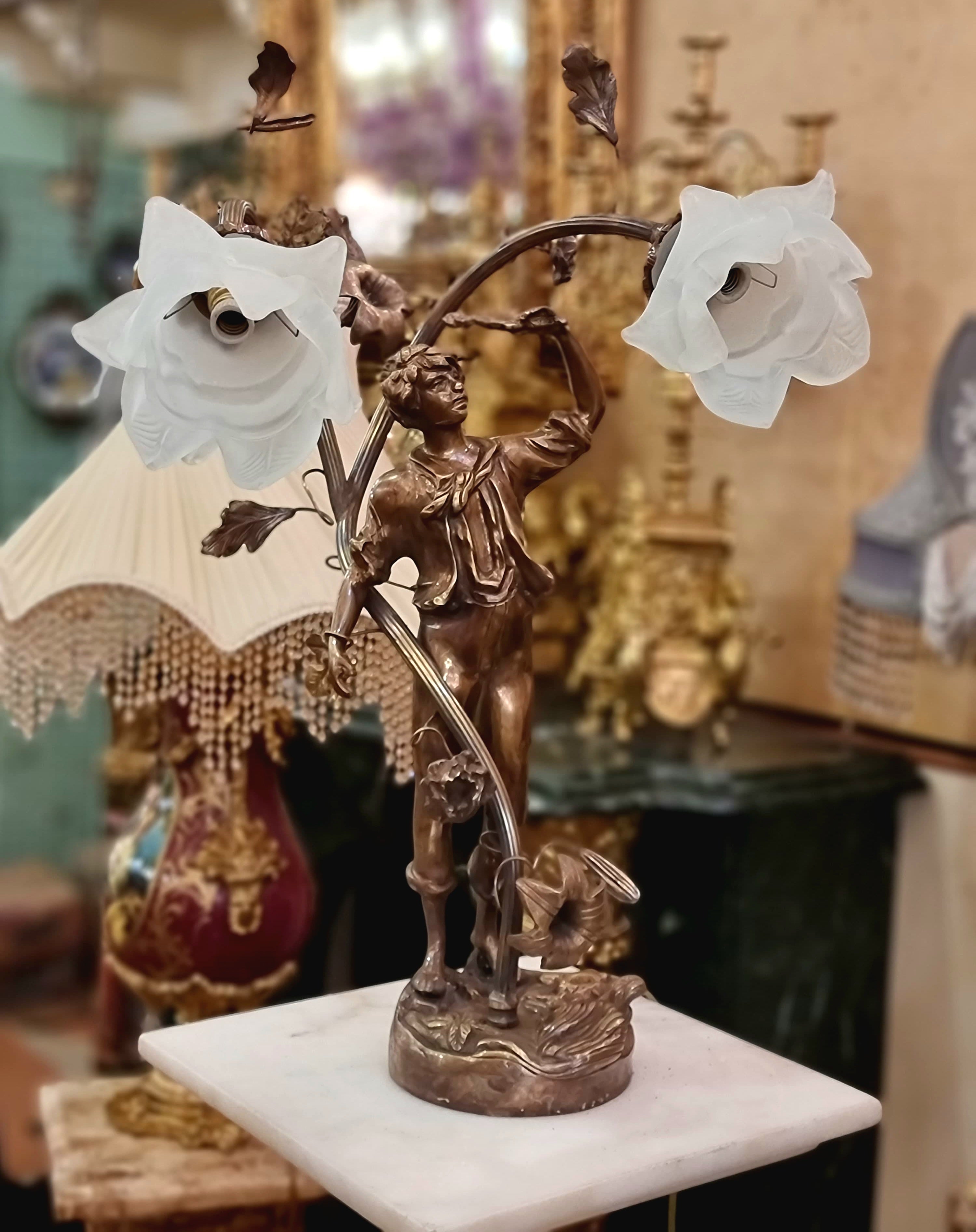 Art Nouveau Cherub Table Lamp with Floral Glass Shades & Bronze Finish