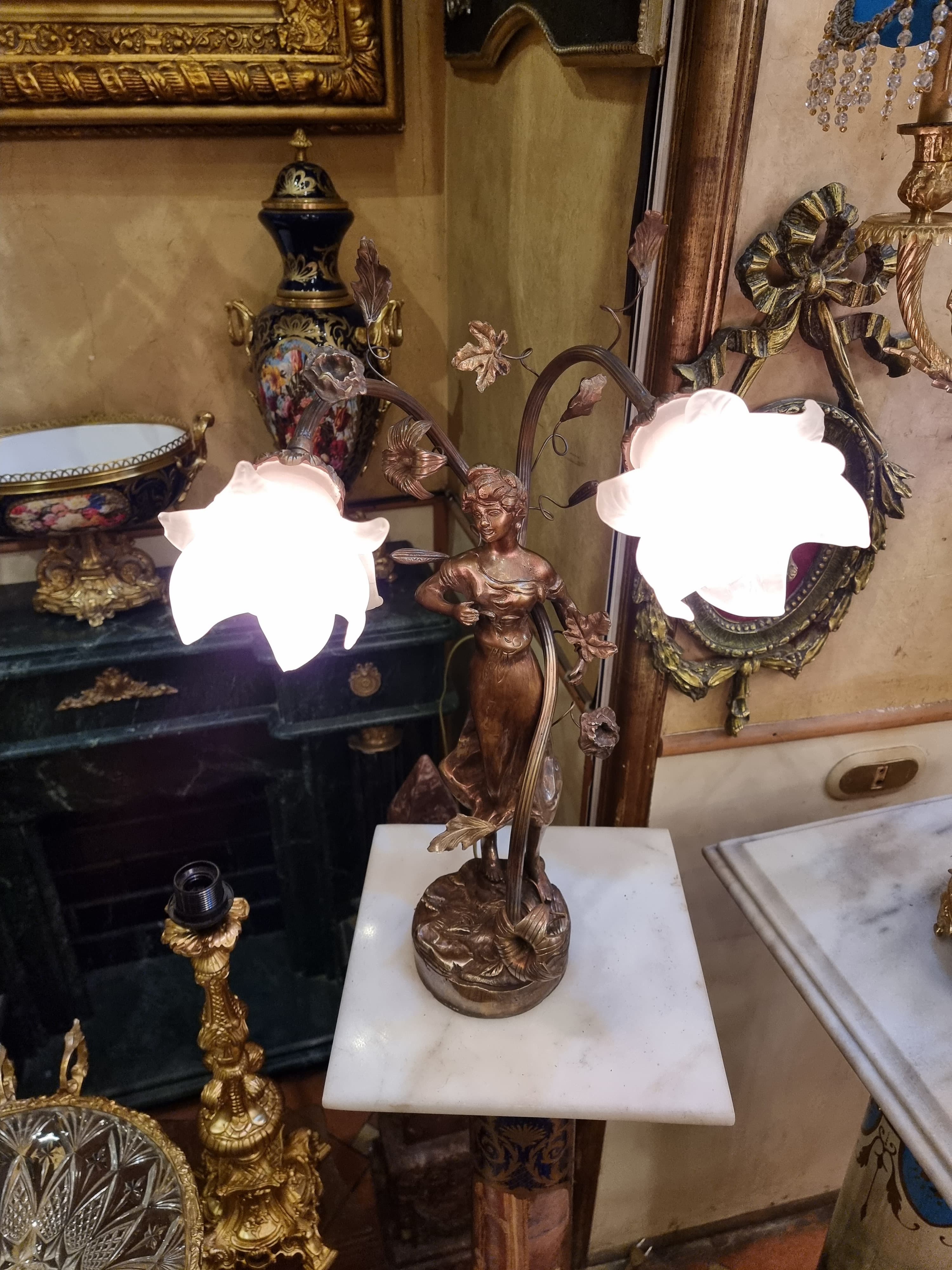 Art Nouveau Lady Table Lamp with Floral Glass Shades & Bronze Finish