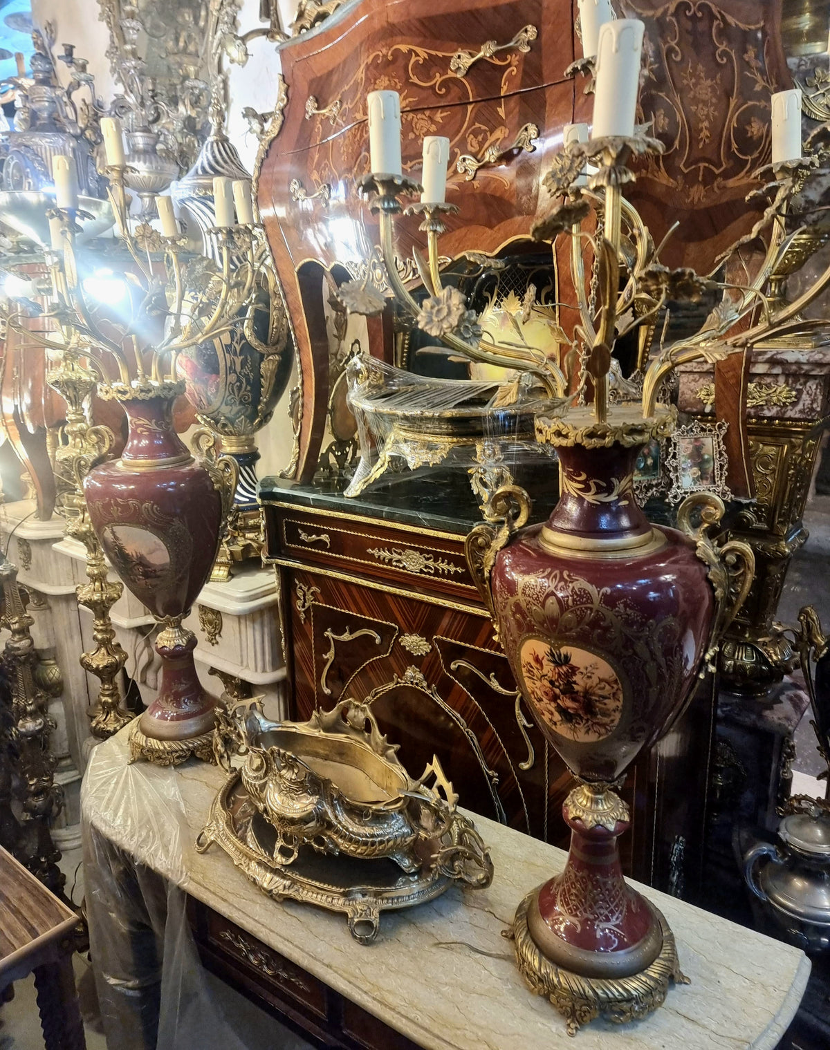 Burgundy Royal Flame – French-Inspired Porcelain Vase with Ornate Gilded Candelabra Top & Gold Leaf Details