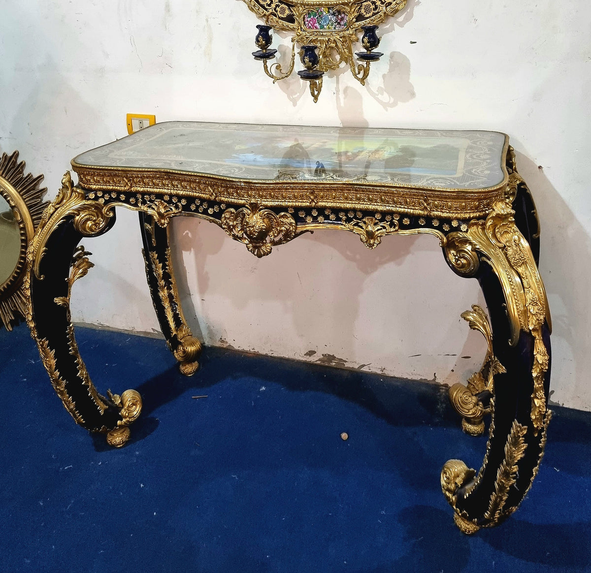The Gilded Enigma – One-of-a-Kind French-Inspired Console Table with Illustrated Glass Top & Sculptural Gilt Bronze Details