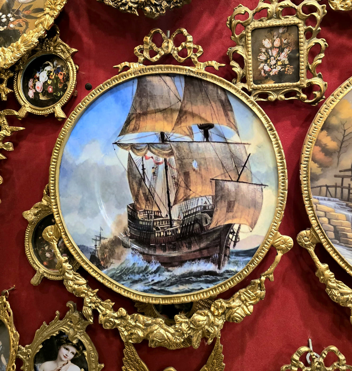 The Gilded Voyage – French-Inspired Nautical Wall Art with Sailing Ship Scene & Ornate Gold Leaf Frame