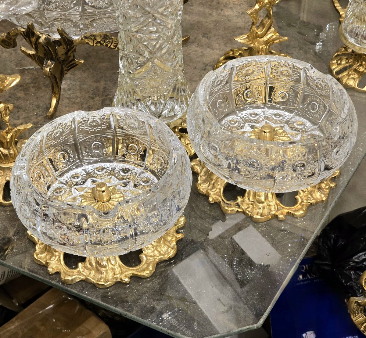 The Gilded Pair – French-Inspired Crystal Decorative Bowls with Ornate Gold Pedestal Bases (Set of 2)