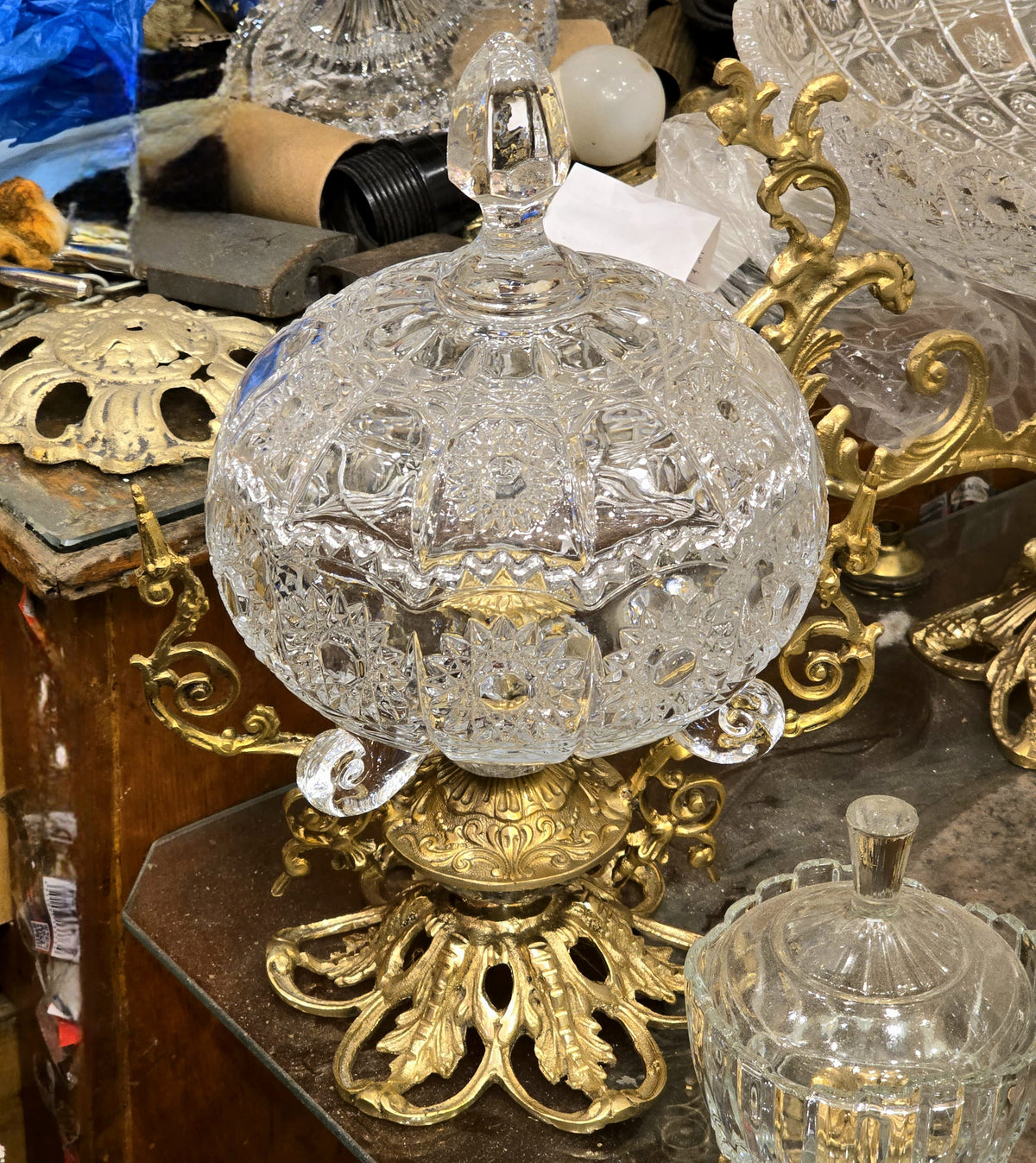 Crystal Palace Grandeur – French-Inspired Cut Crystal Bonbonniere with Ornate Gilded Brass Pedestal