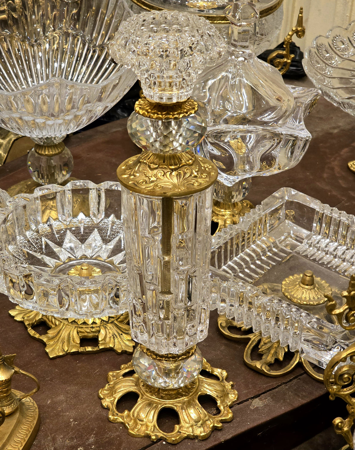 Crystal & Gilded Splendor – French-Inspired Brass Candle Holder with Refined Decorative Details