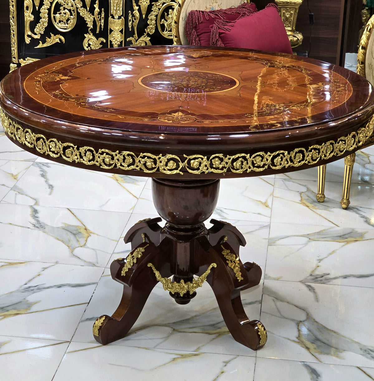 Grand French-Style Round Dining Table – Rich Wood Finish with Ornate Gold Leaf Details