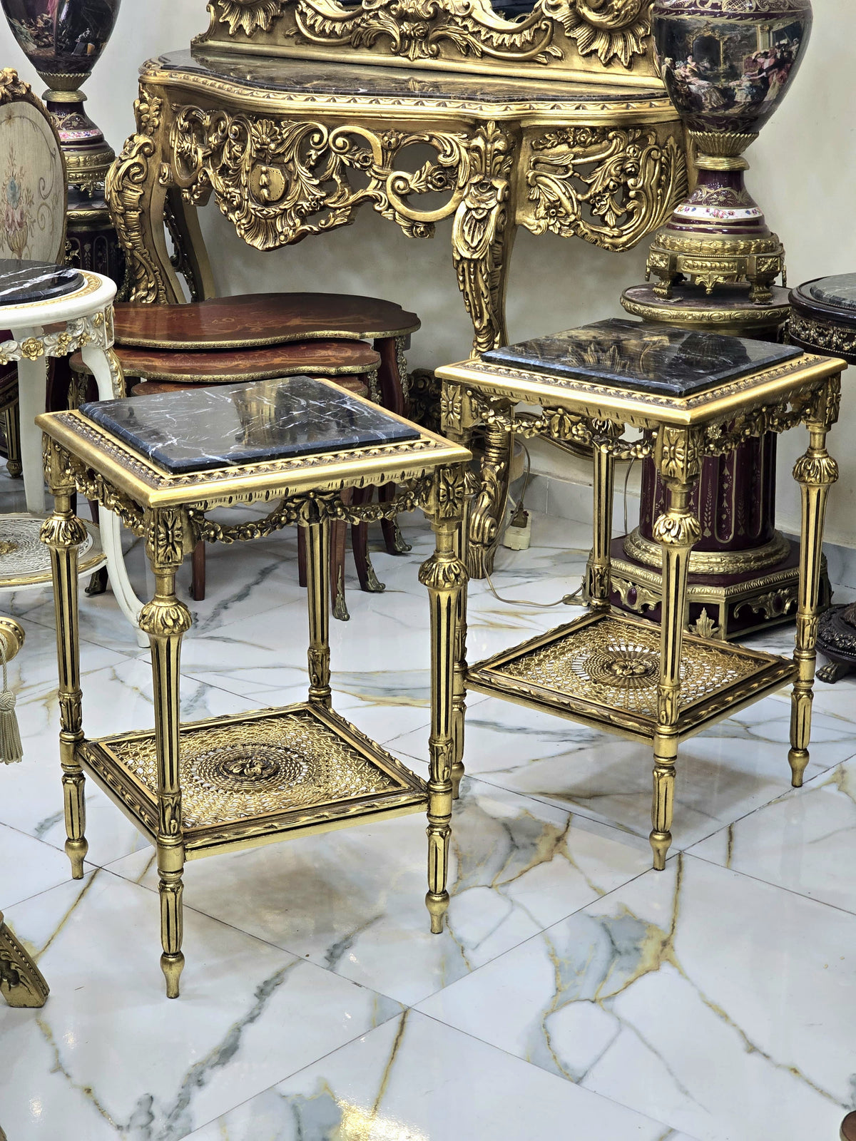 The Gilded Elegance – French Louis XVI Style Side Table with Black Marble Top & Ornate Gold Leaf Details