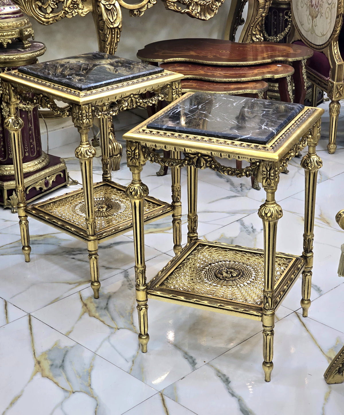 The Gilded Elegance – French Louis XVI Style Side Table with Black Marble Top & Ornate Gold Leaf Details
