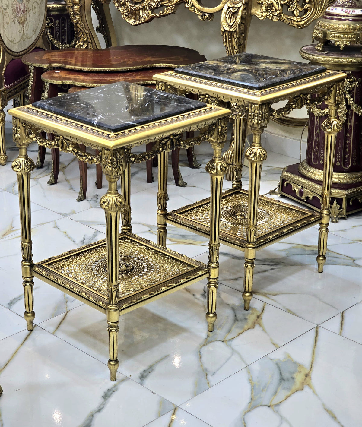 The Gilded Elegance – French Louis XVI Style Side Table with Black Marble Top & Ornate Gold Leaf Details