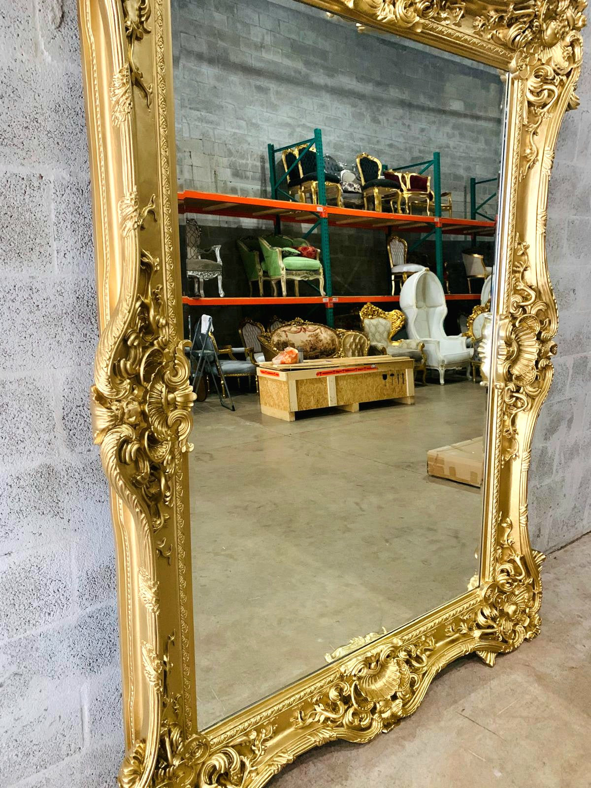 Vintage French Style Baroque Wall Mirror – 7.5 ft Tall Statement Mirror in Antique Gold Leaf