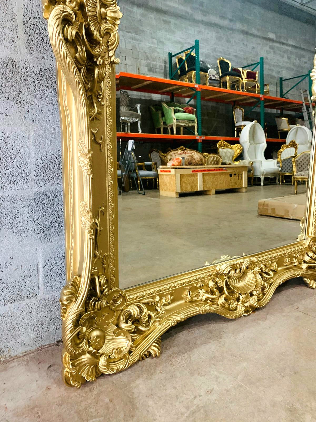 Vintage French Style Baroque Wall Mirror – 7.5 ft Tall Statement Mirror in Antique Gold Leaf
