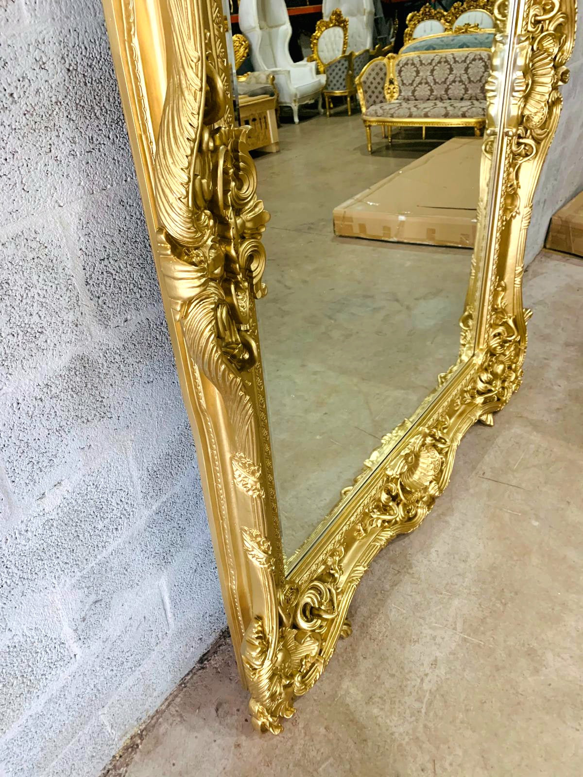 Vintage French Style Baroque Wall Mirror – 7.5 ft Tall Statement Mirror in Antique Gold Leaf